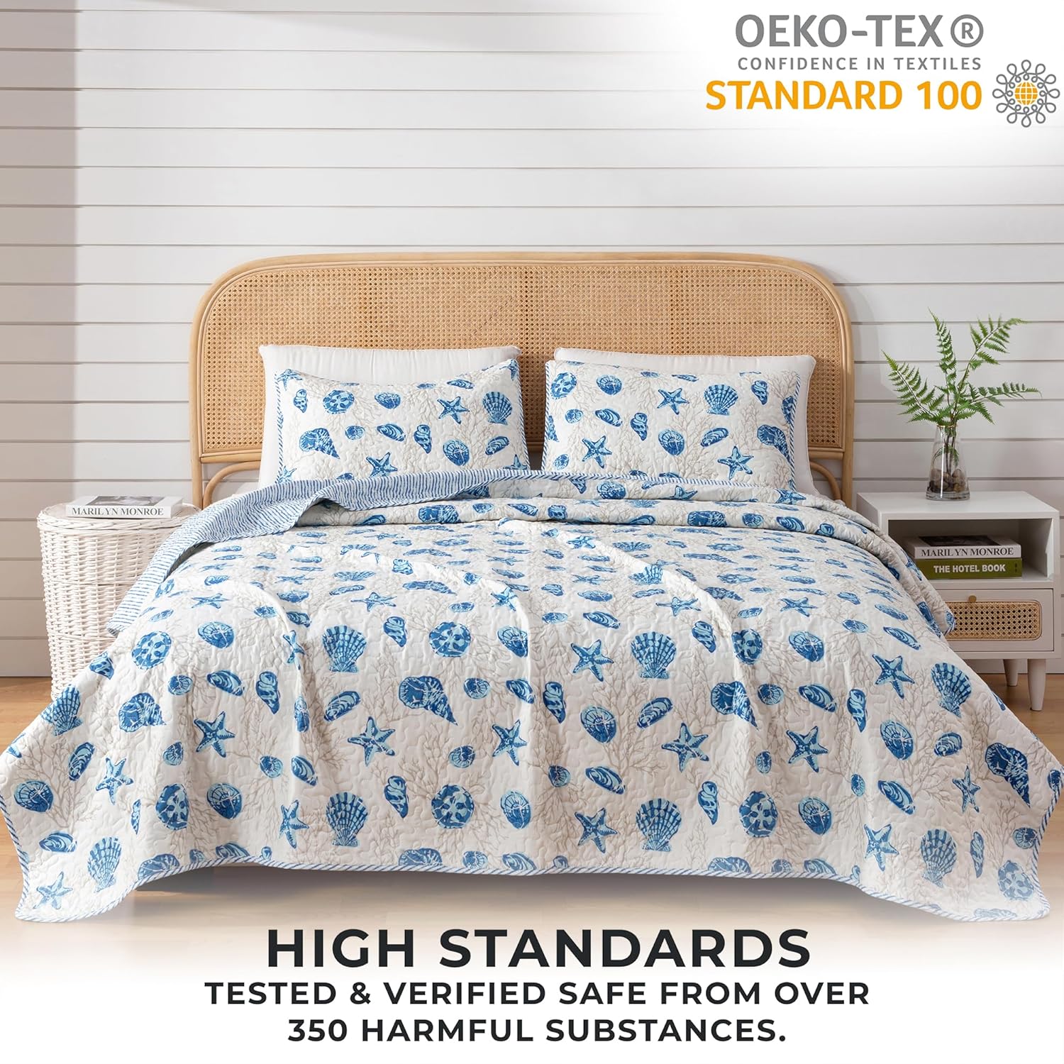Great Bay Home Coastal Quilt Set - 3-Piece King/California King Size Nautical Bedding Set - Lightweight, All-Season, Reversible Coral-Printed Bedspread (Blue Shells) - Image 5