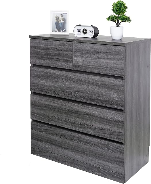 Iris Ohyama, Dresser / Chest of Drawers / Wooden Chest of Drawers / Dresser with 5 Drawers Runner, Easy Assembly, Modern Design, Office, Living Room, Bedroom - Wooden Chest - WCH-790 - Grey Oak
