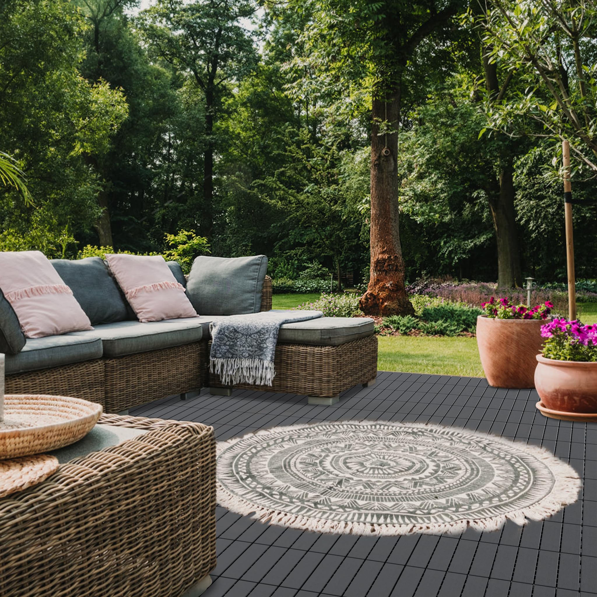 Aufun 44 Stück Balkonfliesen 30x30cm, Terrassenfliesen in Holzoptik, Wasserfeste Gartenfliesen Kunststoff mit Klick-System, Bodenbelag für Balkon, Terrasse, Außenbereich, Dunkelkaffee, 4m² Anthrazit