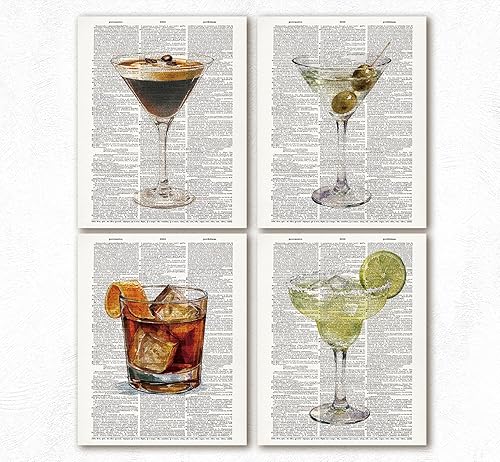 OTKBD Juego de 4 impresiones artísticas vintage de cóctel, regalos para amantes de los cócteles, diccionario retro Martini y amantes del whisky,