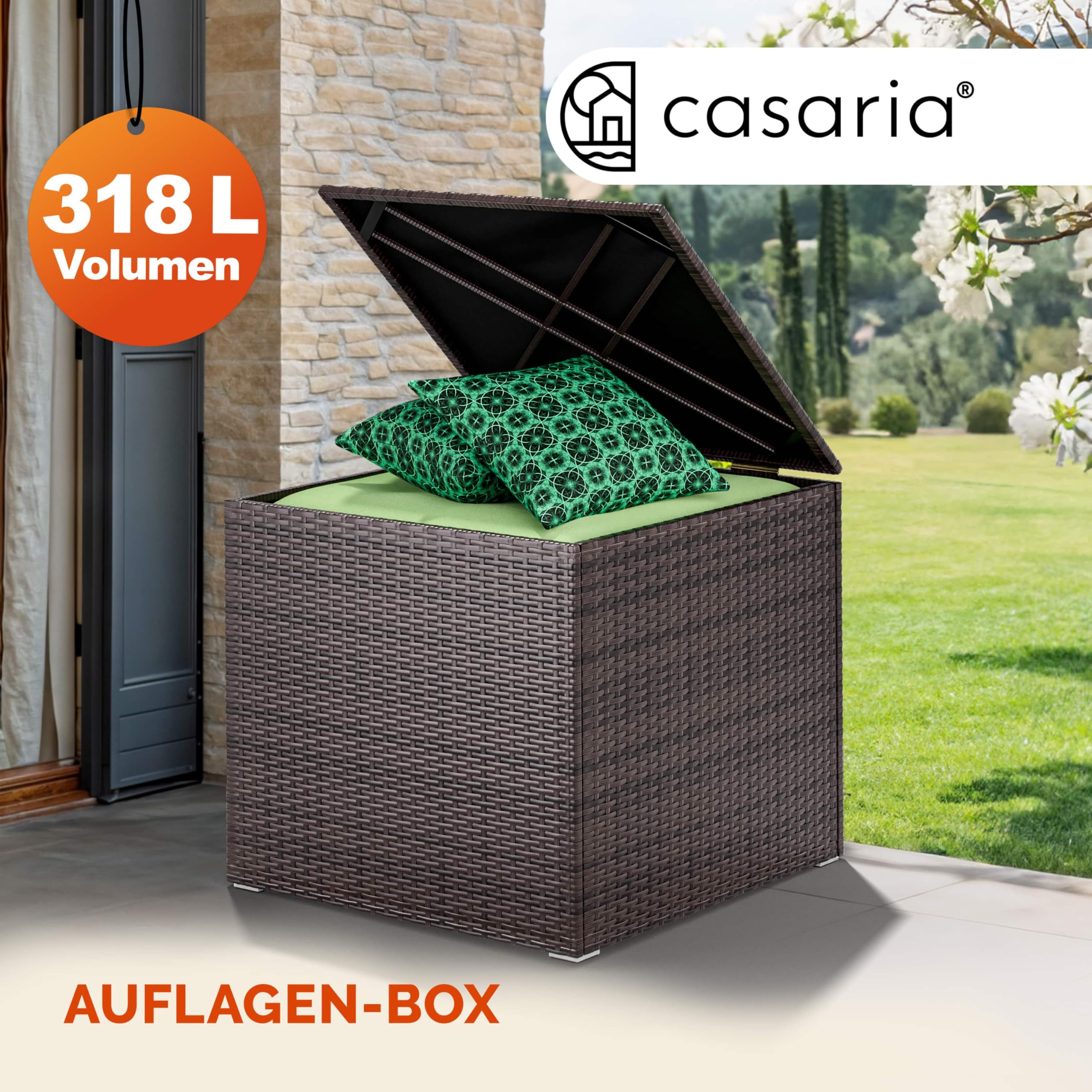 Casaria® Auflagenbox 318L Polyrattan - Wetterfeste Garten Aufbewahrungsbox für Kissen & Sitzauflagen 75x75x70cm, für Balkon, Terrasse und Garten, UV-beständig Braun