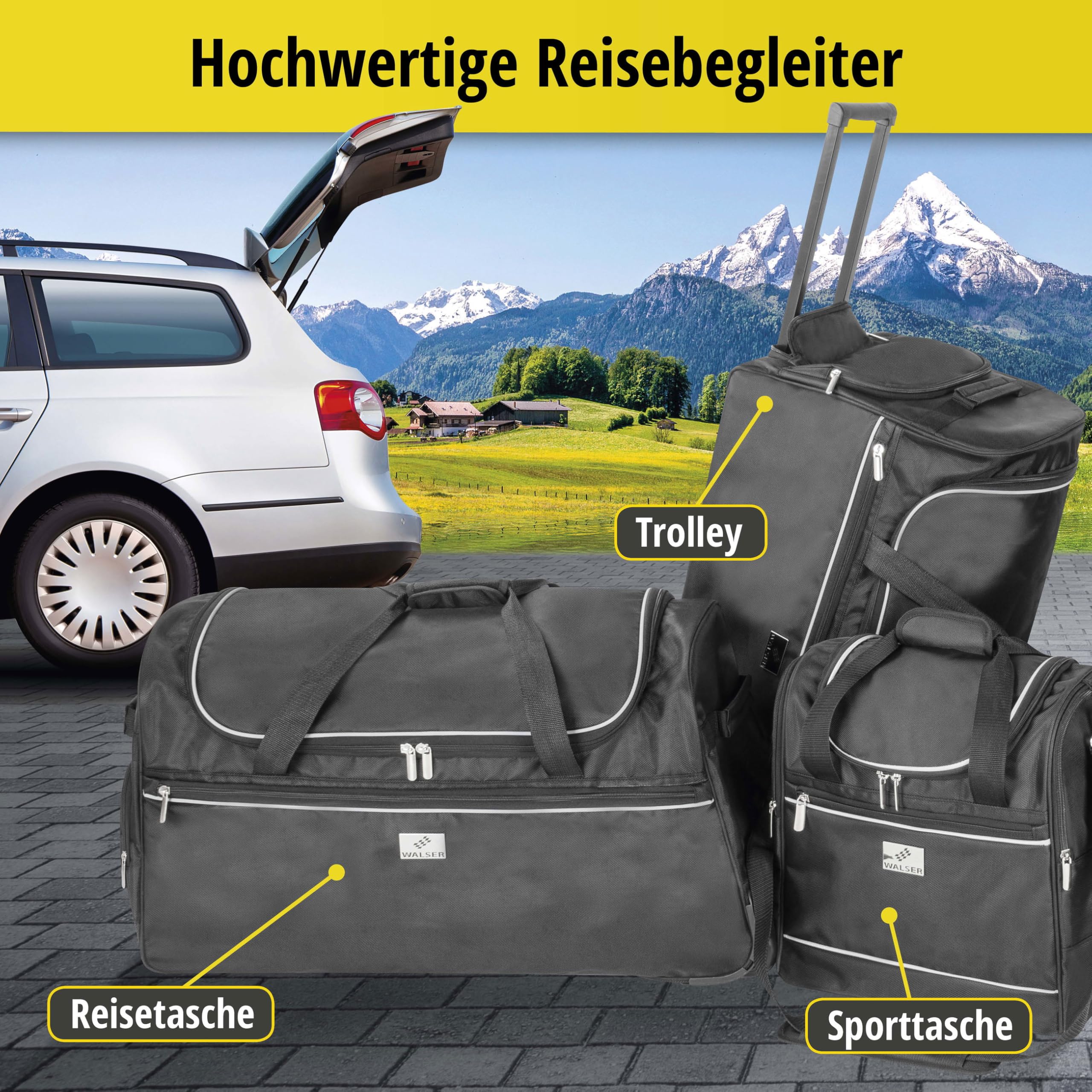 Walser Trolley Bag, Carbags Reisetasche, Handgepäck Koffer, Sporttasche Trolleyfunktion, Reisetrolley Rollkoffer schwarz-Silber 115L - 70x30x40cm