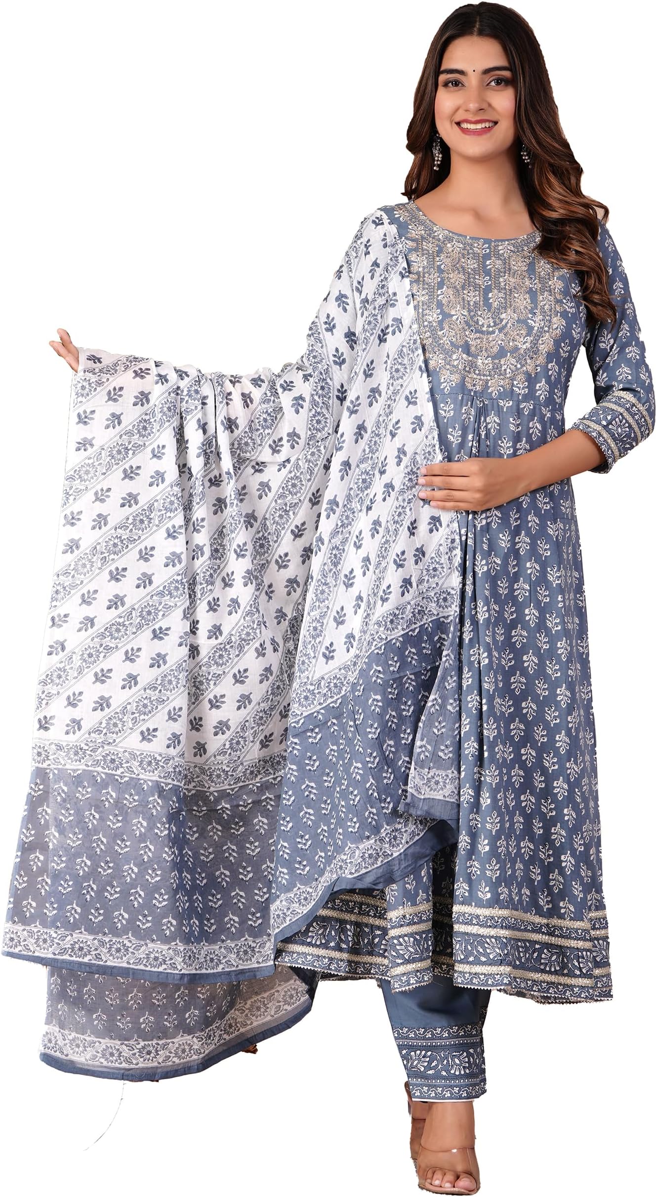 MANHAREE | Women's Rayon Printed Embroidered Anarkali Grey Kurta with Pant & Dupatta Set