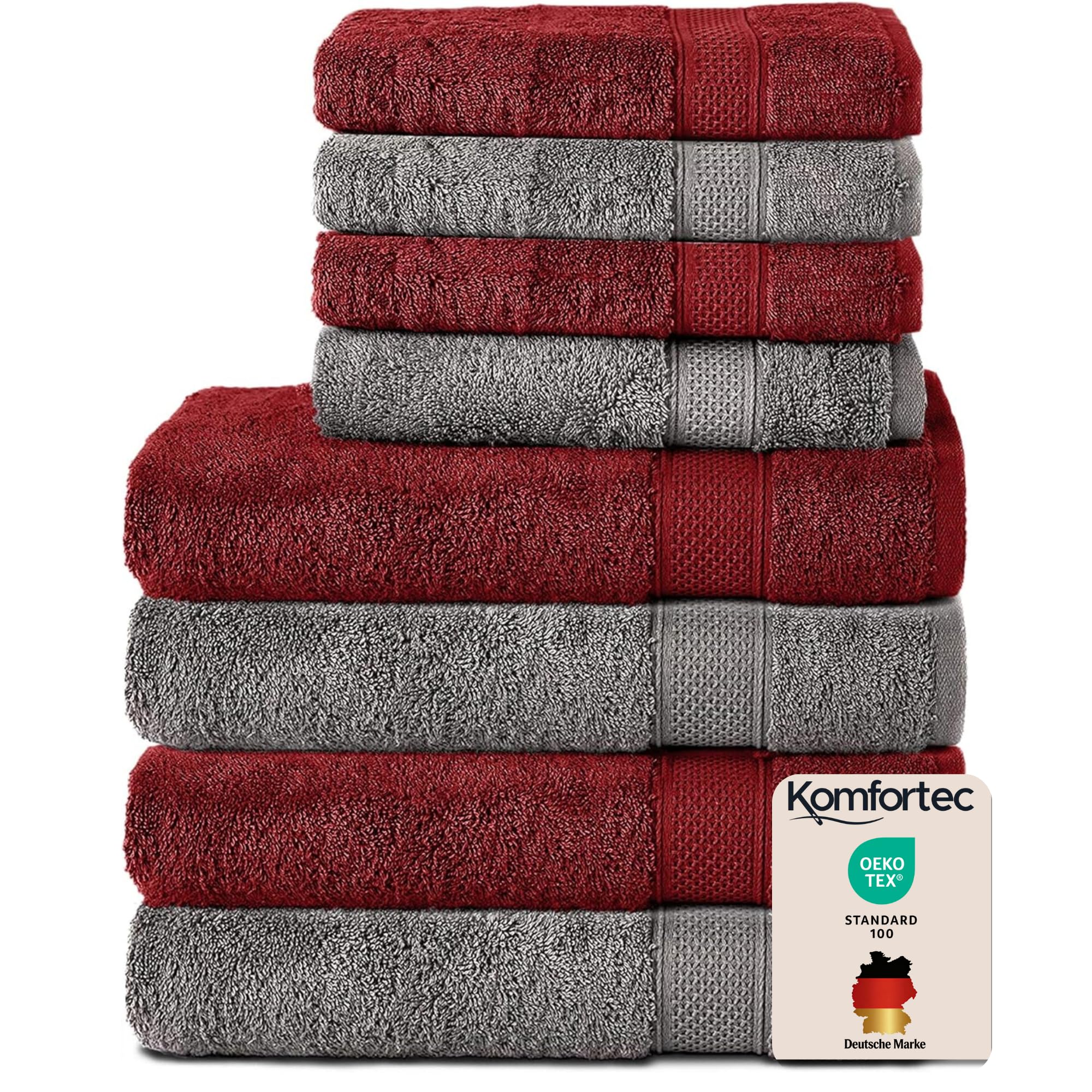 Komfortec Set of 8 Hand Towels 100% Cotton, 4 Bath Towels 70 x 140 cm and 4 Hand Towels 50 x 100 cm, Terry Clothing, Soft, Large Towel, Anthracite Grey/Aurora Red
