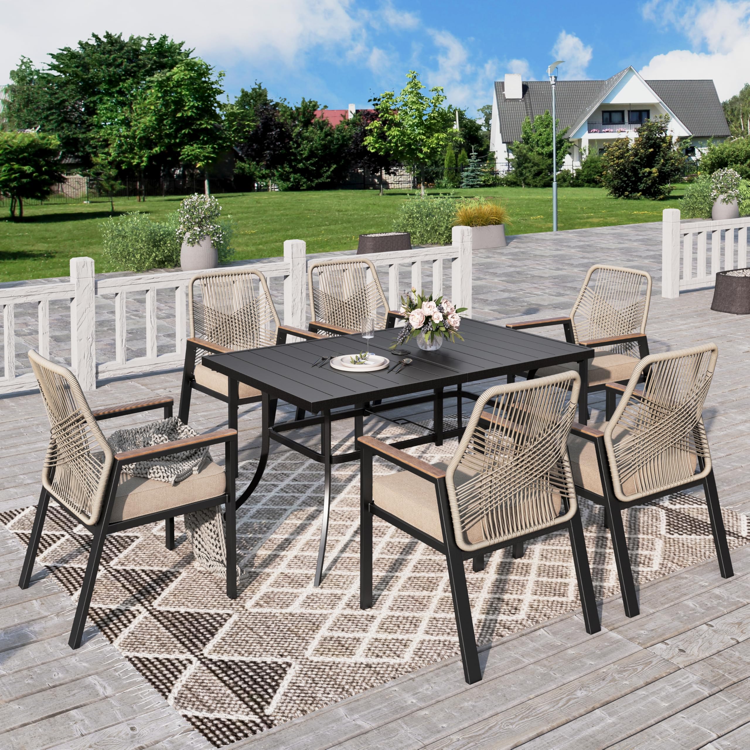 PHI VILLA Gartenmöbel Set Outdoor Balkon Esstisch mit 6 Rattan Stühlen und 1 Rechteckig Metall Gartentisch, 7-teiliges Gartenset Tisch und Stühle für 6, Patio Dining Table Set für Hinterhof Veranda Garten