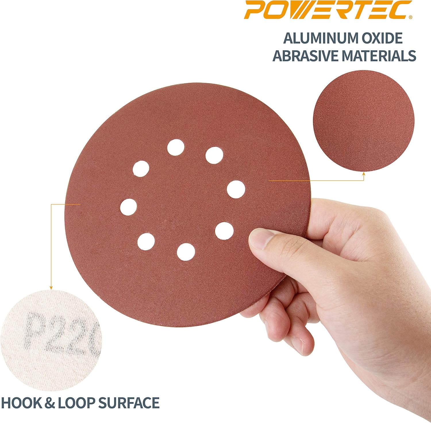 POWERTEC - 45012K 45012 120 Grit 5 Inch Sanding Disc | 8 Hole Hook and Loop Backing Pad | Aluminum Oxide Round Sandpaper Disc for Random Orbit Sander – 25 Pack - - 