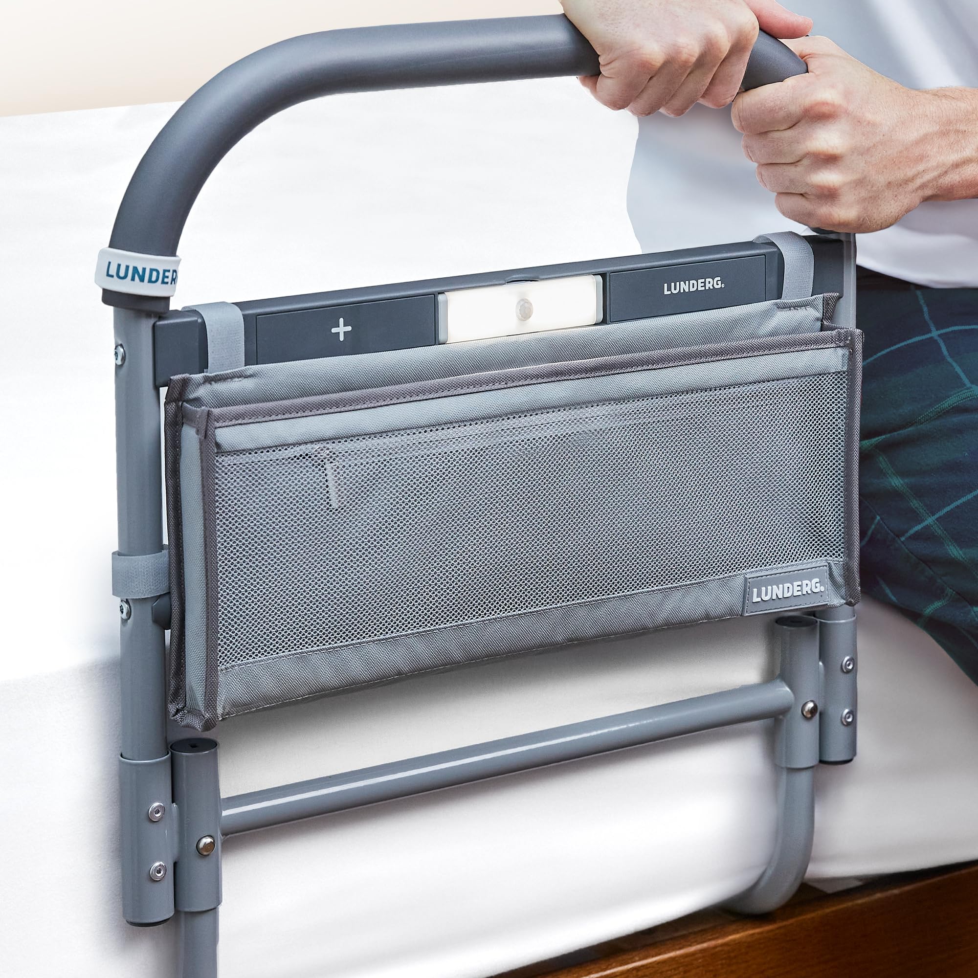 lunderg bed rails for elderly adults safety - large - with motion light, storage pocket & non-slip handle bar - bed railings for seniors & surgery patients - the bedside assist help getting in & out