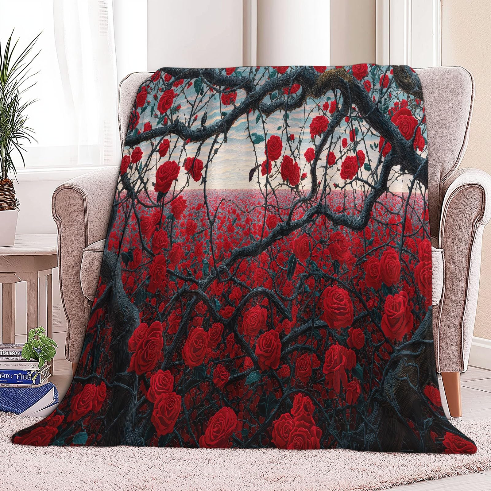 Genérico Puszysty flanelowy koc na łóżko 150 x 200 cm surrealizm czerwone róże pole polarowy koc z mikrofibry, czerwony oddychający ciepły miękki przytulny prezent koce dla kobiet i dzieci