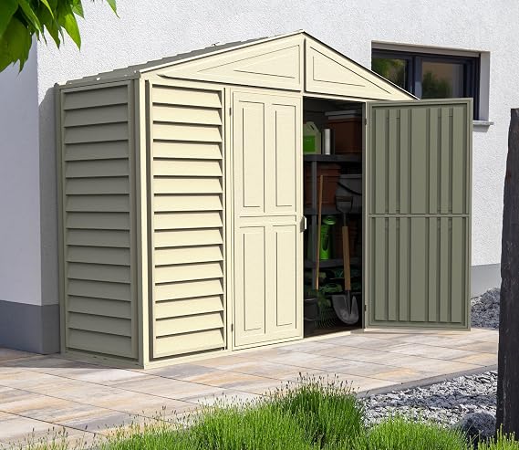 Duramax SidePro 10.5 Ft. x 3 Ft. Vinyl Garden Storage Shed | Made of Fire Retardant PVC Resin, All-Weather, Waterproof Outdoor Solution, Store Bikes, Tools, BBQ, Home Gym | Strong Metal Roof Structure
