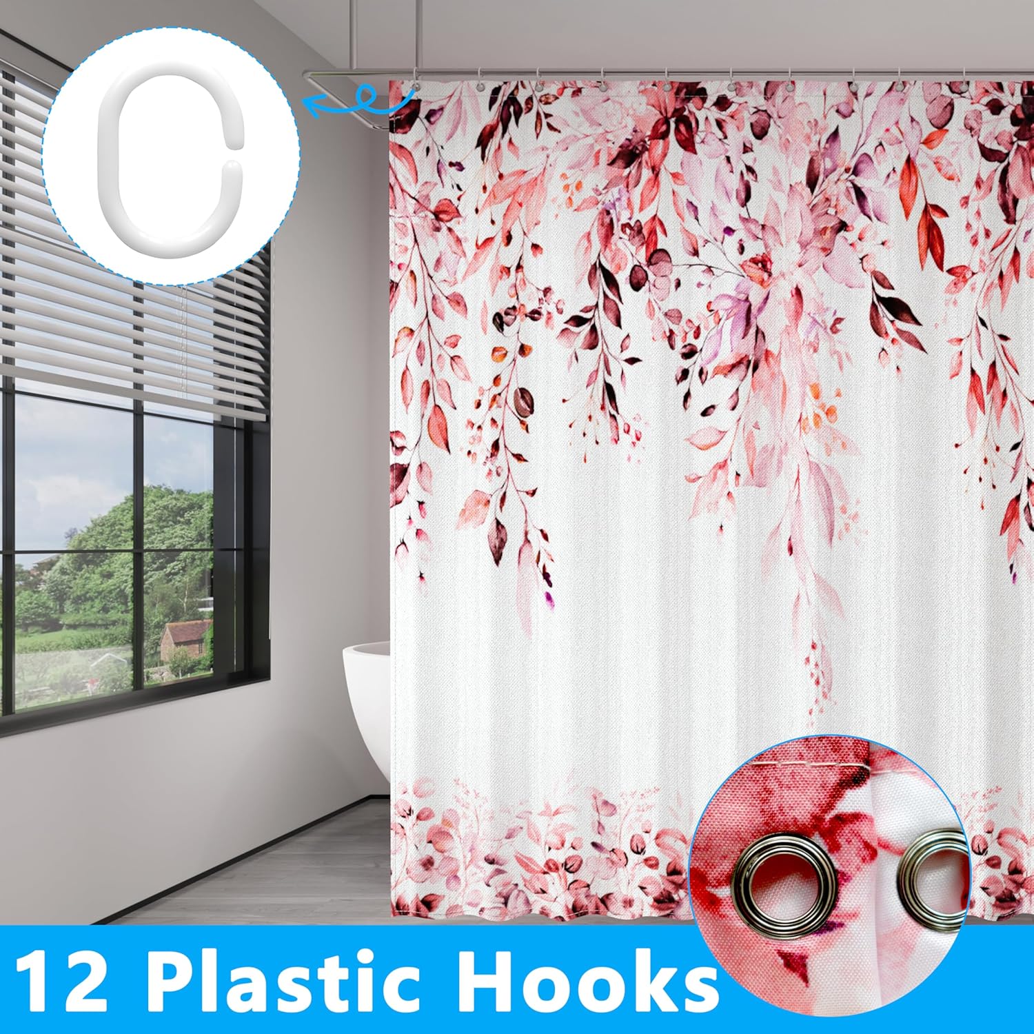 Pink Eucalyptus Leaves Shower Curtain for Bathroom:Aesthetic Art Watercolor Plant Shower Curtains Sets with Hooks,Waterproof Fabric Decor 72x72 inches.