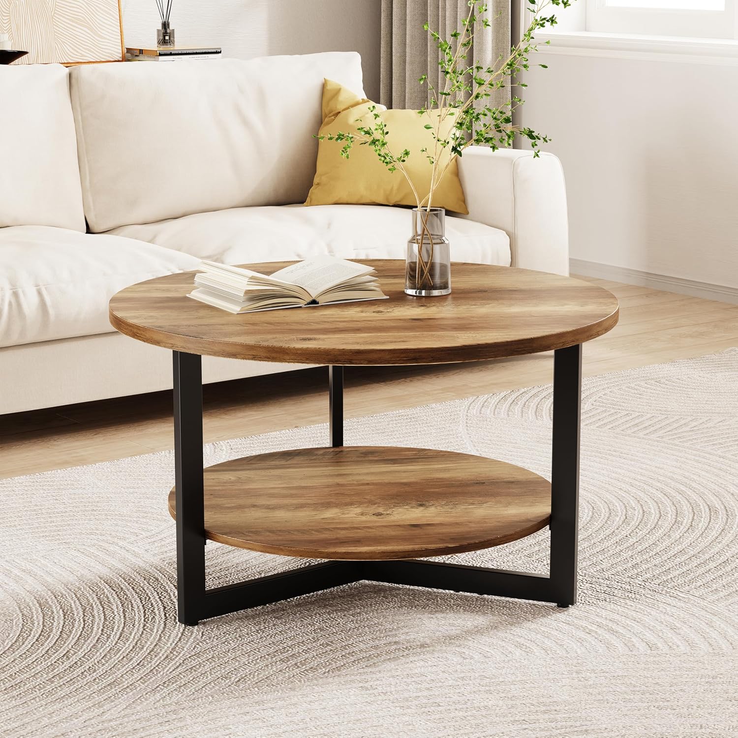 Round Coffee Tables for Living Room, Circle Coffee Table with Wooden Surface Top & Sturdy Metal Legs, 2-Tier Storage Shelf Center Table with Thickened Tabletop for Bedroom, Home Office (OAK, 1" thick)