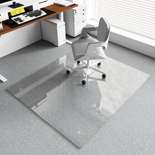 Koonmi Chair Mat for Carpet Tempered Glass 46x55 Office Chair Mat Glass Floor Mat Protector with Rounded and