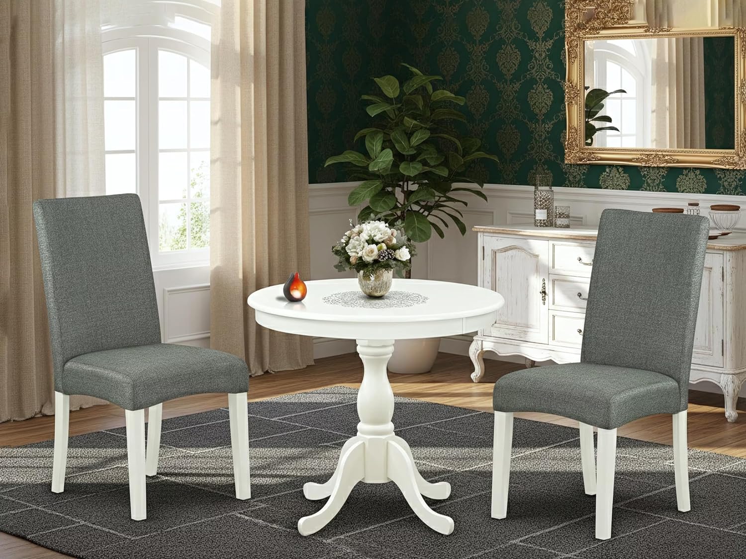 East West Furniture AMDR3-LWH-07 3 Piece Dining Table Set for Small Spaces Contains a Round Kitchen Table with Pedestal and 2 Gray Linen Fabric Upholstered Chairs, 36x36 Inch, Linen White