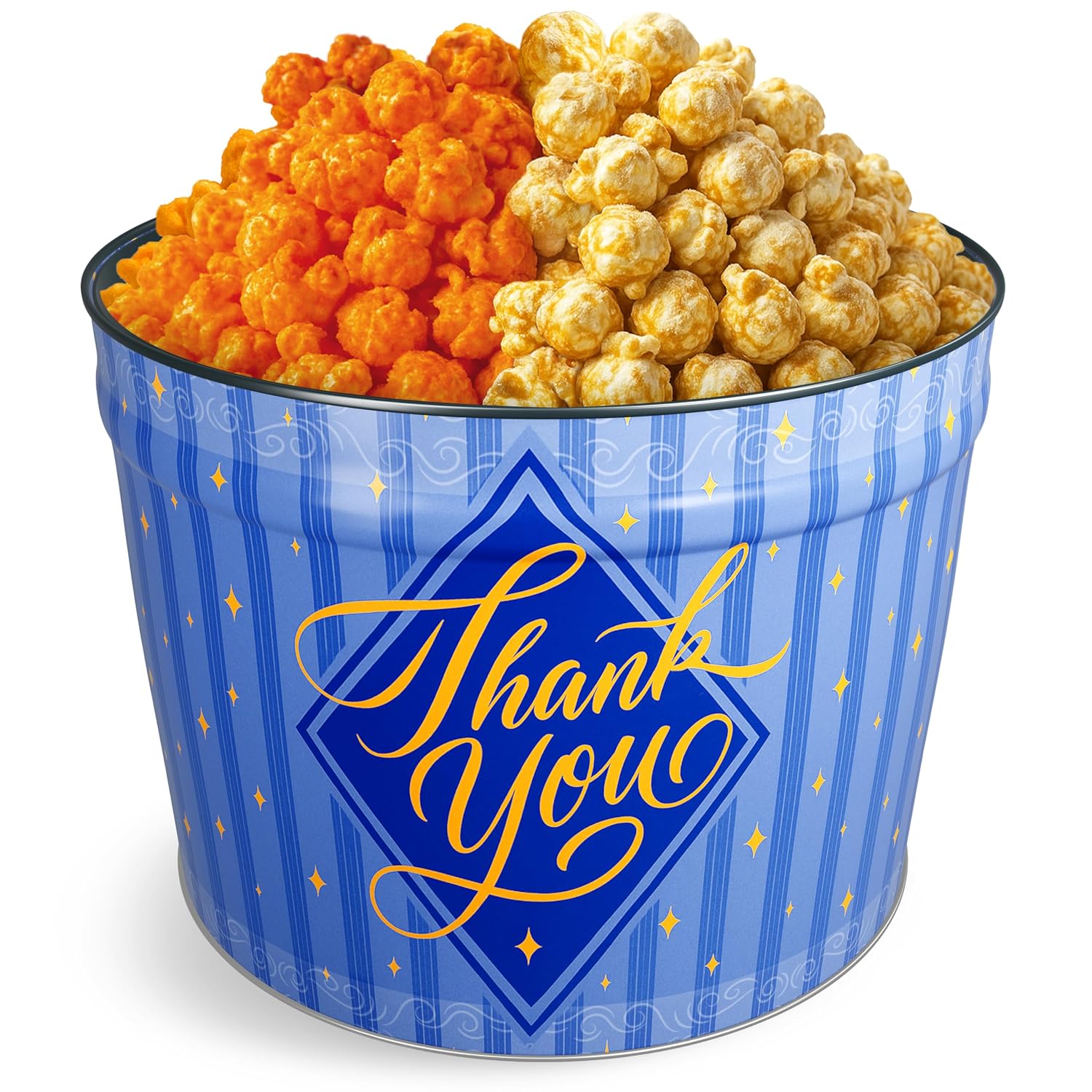 Renée’s Gourmet Thank You Popcorn Gift Tin – 2 Gallon – Cheesy Caramel Collision™ & White Cheddar Caramel Collision™ Half & Half Popcorn Tin – Gourmet Appreciation Food Gift