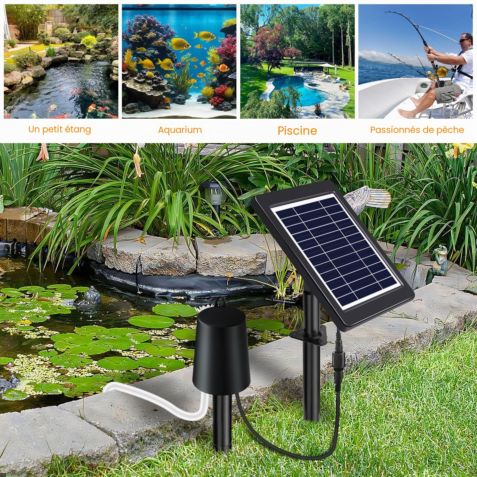 Aérateur de bassin solaire avec 2 pierres à bulles d'air, kit de pompe à air étanche IP64, pompe à oxygène solaire multifonctionnelle portable, 3 modes d'oxygène, 35 dB silencieux, pour jardin