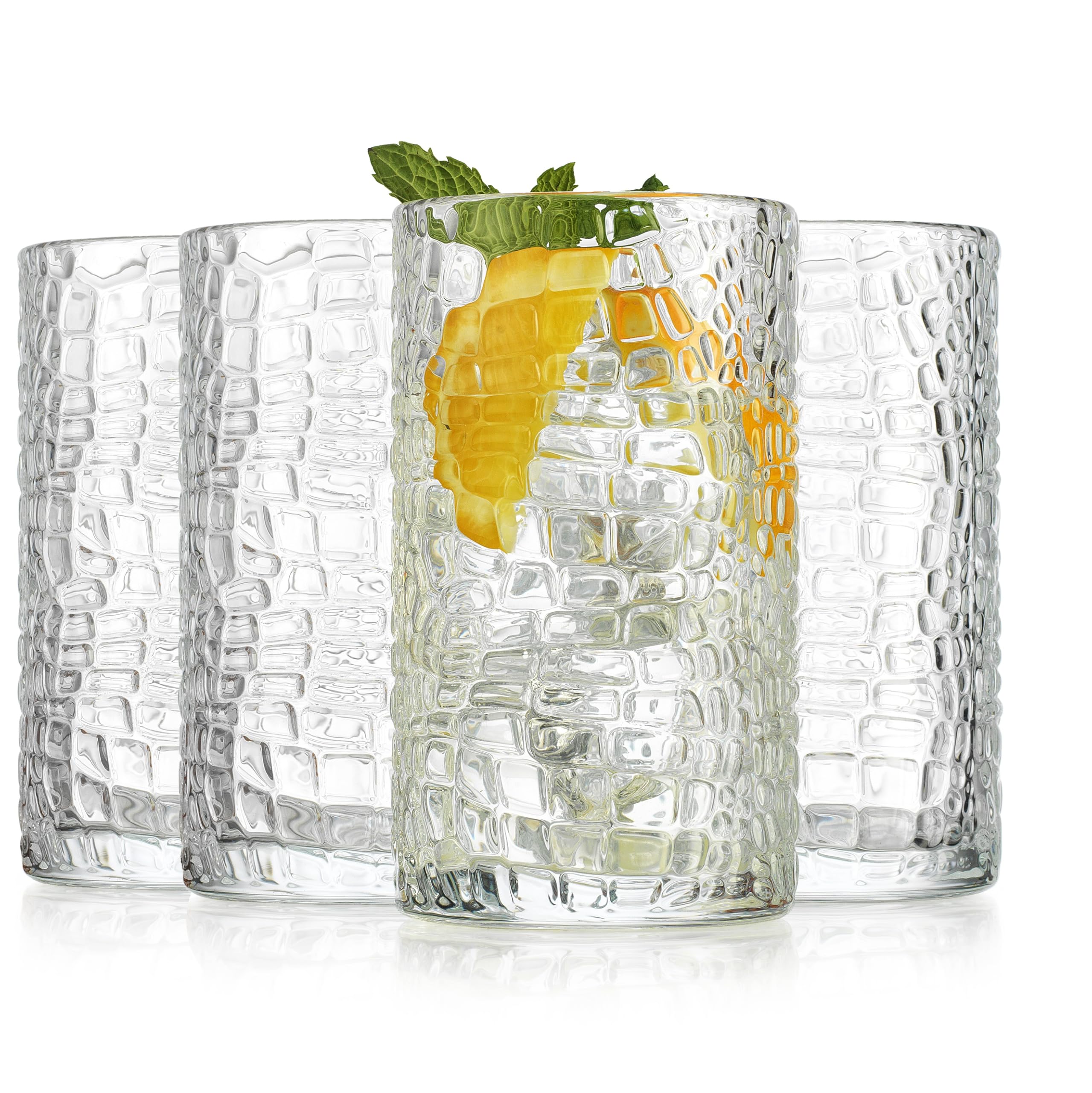 Glaver's Highball-Trinkgläser, transparent, 425 ml, lackiertes Crackle-Design, strukturierte Trinkgläser, robuste Premium-Gläser für den täglichen Gebrauch zu Hause, in der Bar, 4 Stück