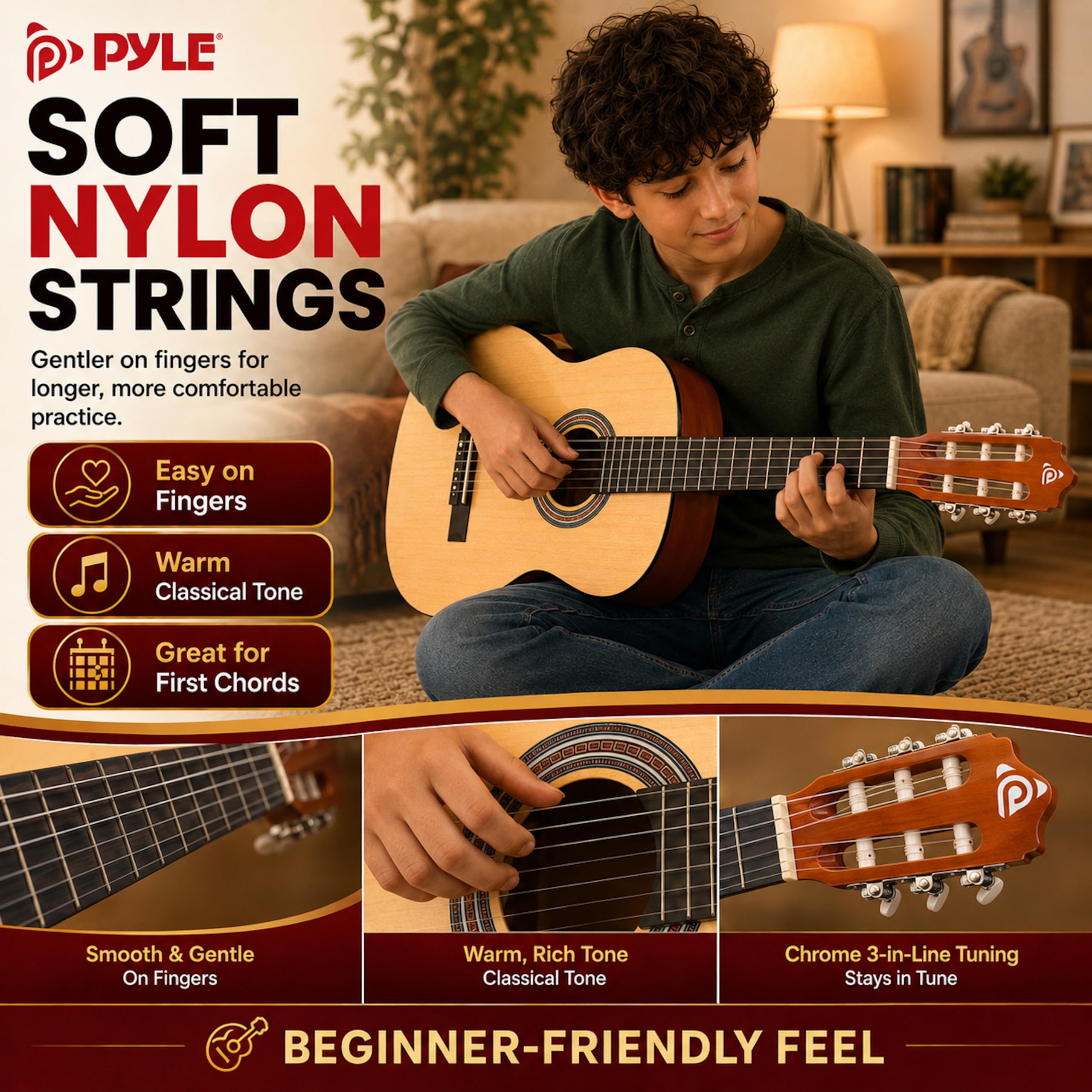 Pyle Kit per chitarra acustica per principianti, 1/2 Junior Size All Wood Instrument con kit di accessori completo, plettri, tracolla, custodia, panno per la pulizia, app accordatore, lezioni di 2