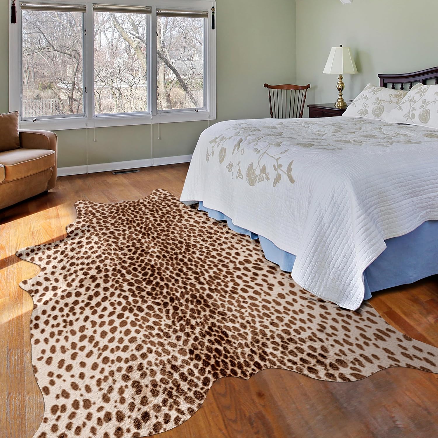 Leopard Print Rug, Cowhide 4.6x5.2 Feet Cheetah Print Faux Animal Skin Rug Cow Hide for Bedroom Animal Hide Cow Shaped Antelope Multicolor