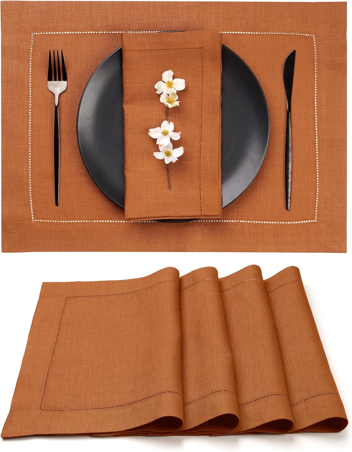 D'Moksha Homes Rust Linen Placemats Set of 4 - Classic Hemstitch Placemats 14 x 19 Inch - 100% Pure Linen Table Mats for Spring, Easter - Handcrafted and Machine Washable