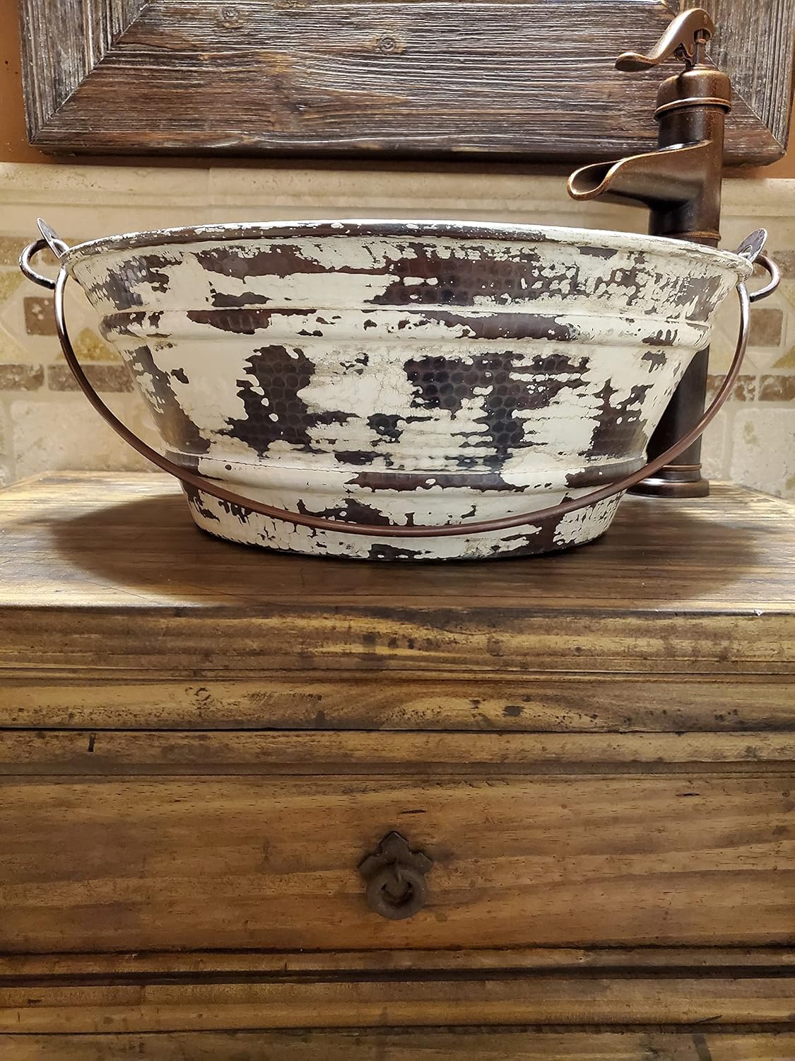 15" Round Copper Vessel BUCKET Bathroom Sink with Distressed Antique White Exterior and Grid Drain