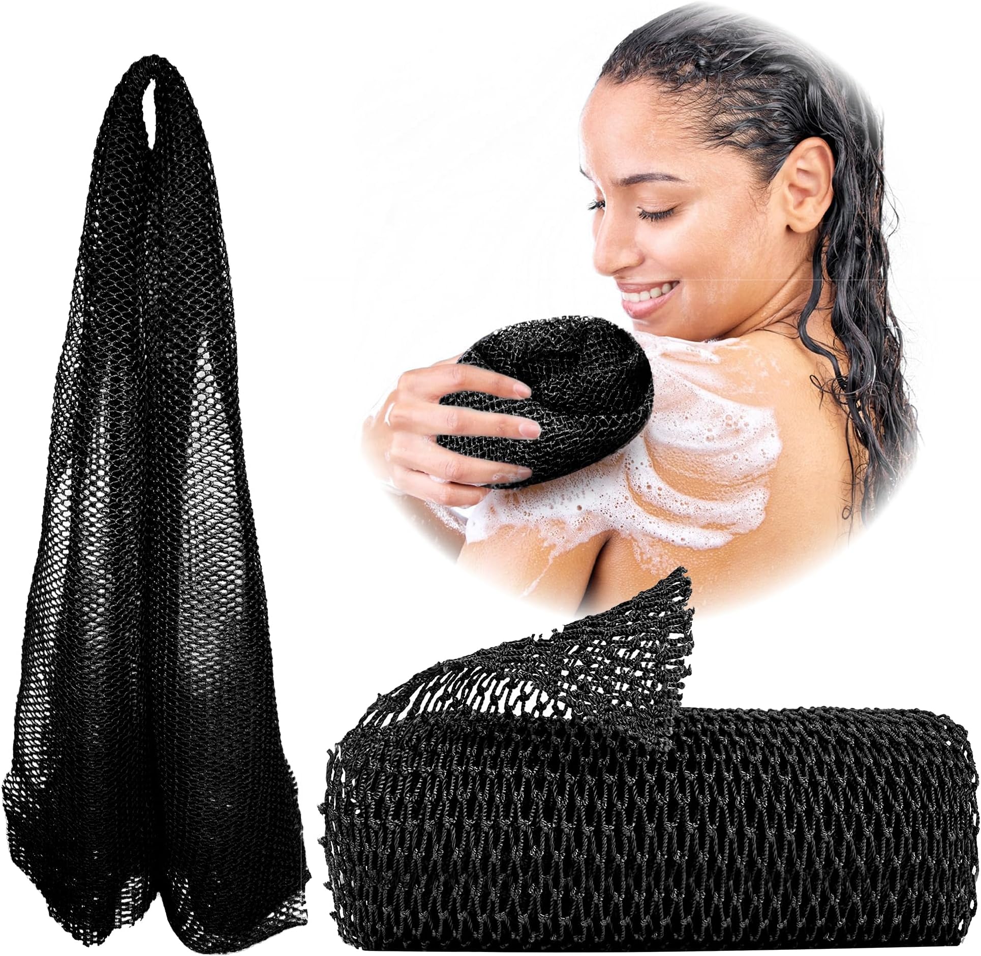 Adeton African Net Sponge, Authentic, Real, Black Owned, Exfoliating Bath Wash Cloth, Long Sponge, Body Exfoliator, Sapo, Shower Bath Accessories, Back Foot Scalp Scrub, Flat Dead Skin Remover (Black)