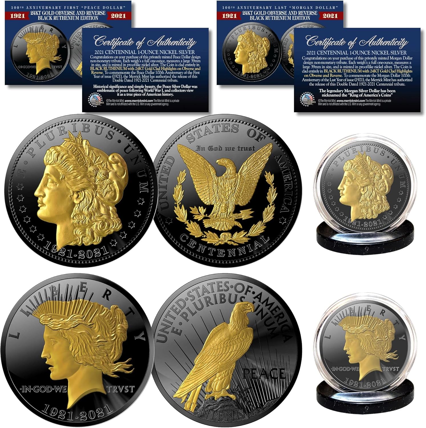 Merrick Mint Morgan & Peace Dollar Tribute Coins 1 OZ. Black Ruthenium & Gold 2-Coin Set