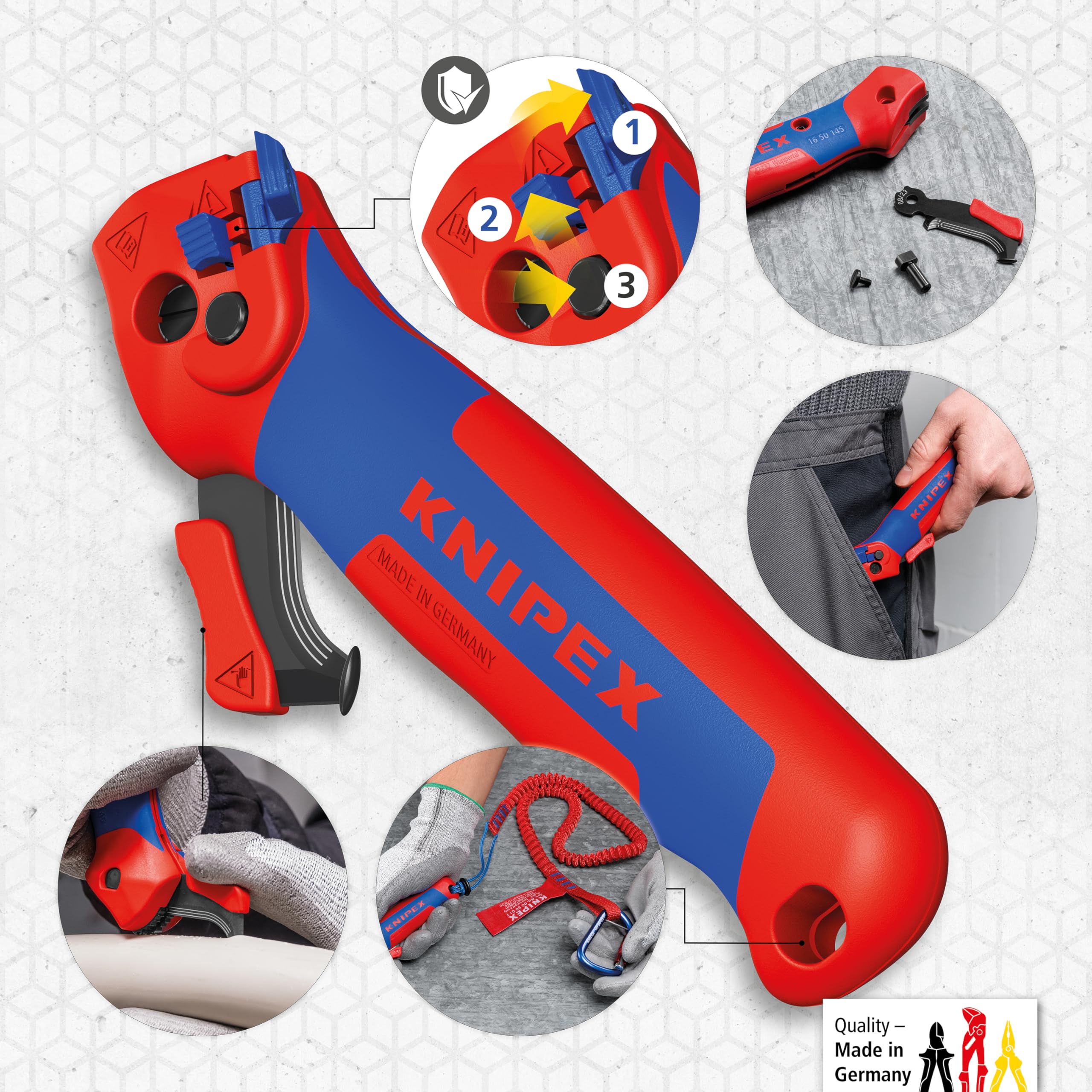Knipex Couteau de dénudage Nouveau couteau de dénudage à levier d'entrainement avec poignées multimatières 146 mm, 16 50 145 SB