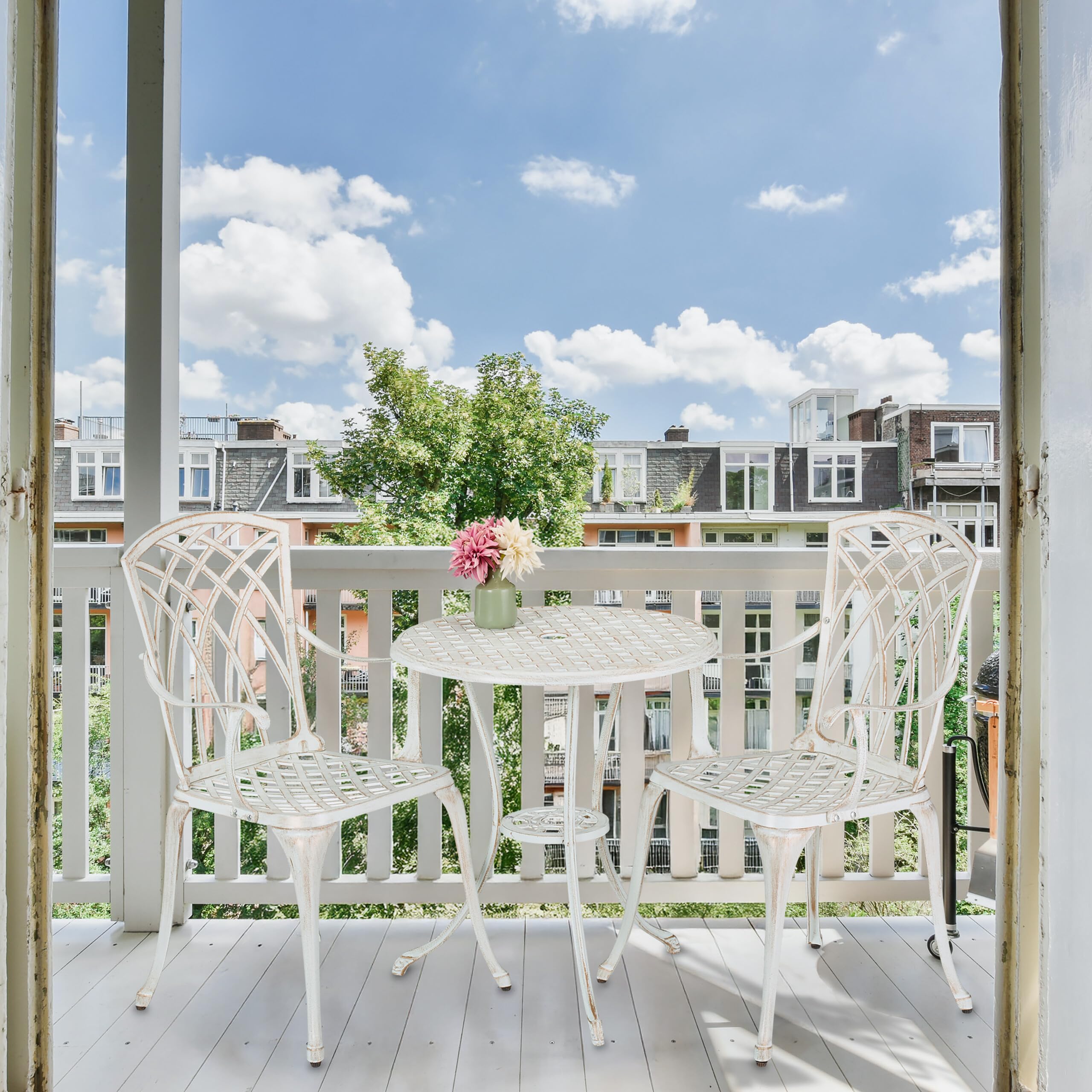 Relaxdays Salon de Jardin pour 2 Personnes, Table avec 2 chaises, Fonte d'aluminium, Design Antique, Blanc et Bronze