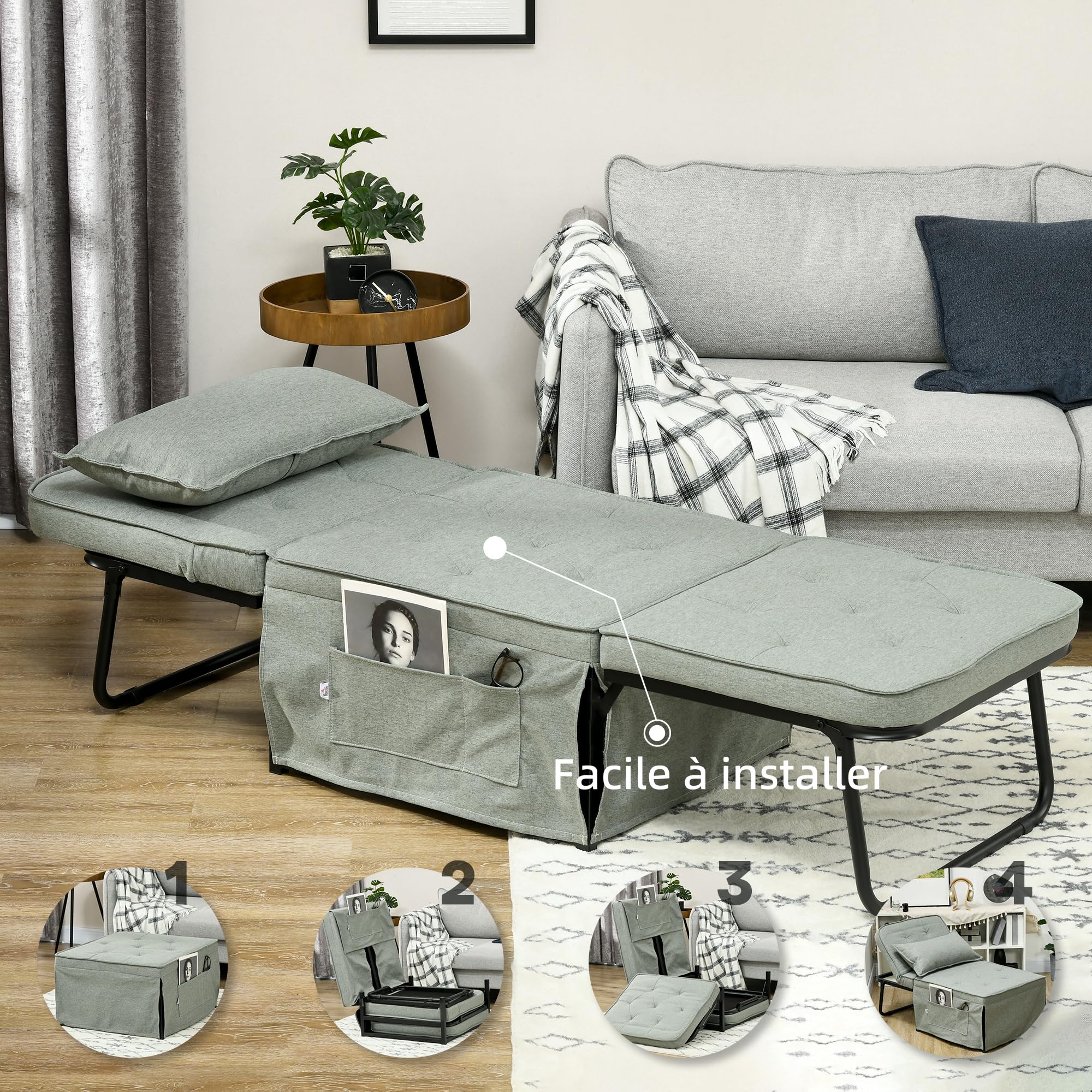 HOMCOM Fauteuil convertible 1 place fauteuil lit chauffeuse chaise longue 4 en 1 avec dossier inclinable 5 niveaux, repose-pied rabattable, coussin amovible et pochettes, pour invités salon gris clair