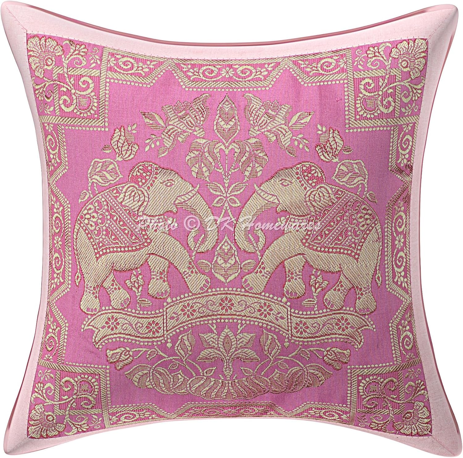 Ethnic Throw Pillowcases 12 x 12 Inch Brocade Jacquard Weave Decorative Square Elephant Cushion Covers (Size - 30x30 cm ; Color: Baby Pink & Gold) - Set of 5 Pcs (Cover Only)