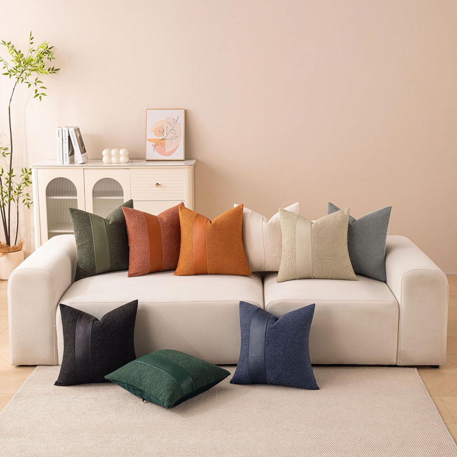 Pack Of 2 Tobacco Boucle Pillow Covers 18x18 Inch Textured Faux Leather Decorative Throw Pillows For Couch, Cozy Soft Solid Boho Fluffy Accent Pillowcases For Bed Chair Living Room Home DéCor - Image 5