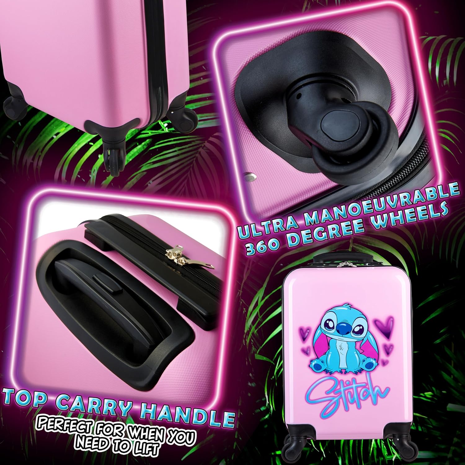 Disney Stitch Suitcase Set or Individual, Hard Shell Suitcase with Wheels 28L, 50L or 91L, 4 Wheels (Pink Stitch Small) - Image 6