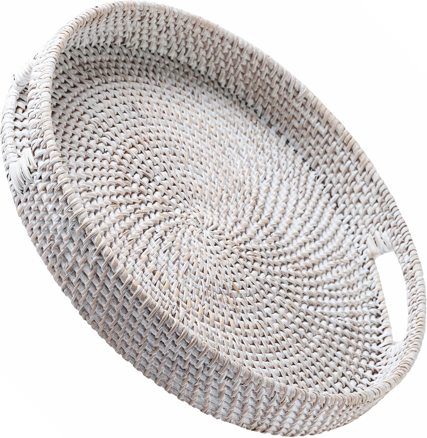 JUNGLE CULTURE® Handmade Round Wicker Tray 14” • Whitewashed Large Decorative Rattan Serving Basket for Coffee Table, Ottoman, Kitchen Counter • Boho Woven Home Decor Centerpiece • Natural Circle Tray