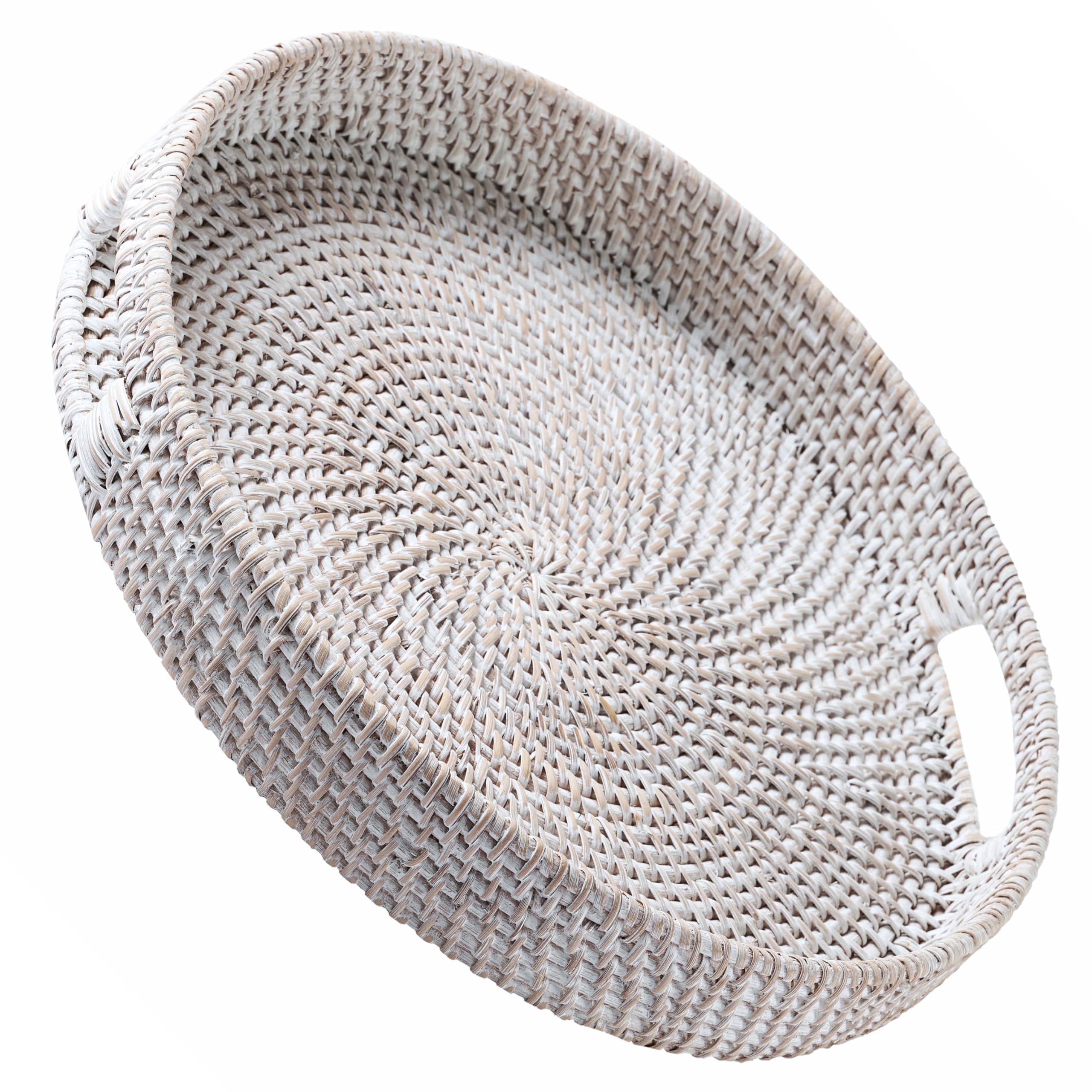 Jungle Culture Bandeja de ratán de 34cm / 13,8" • Bandejas Tejidas con Asas para el hogar • Bandeja Redonda para Mesa de Centro • Cesta de Mimbre para Pan, Fruta, Velas • Blanco