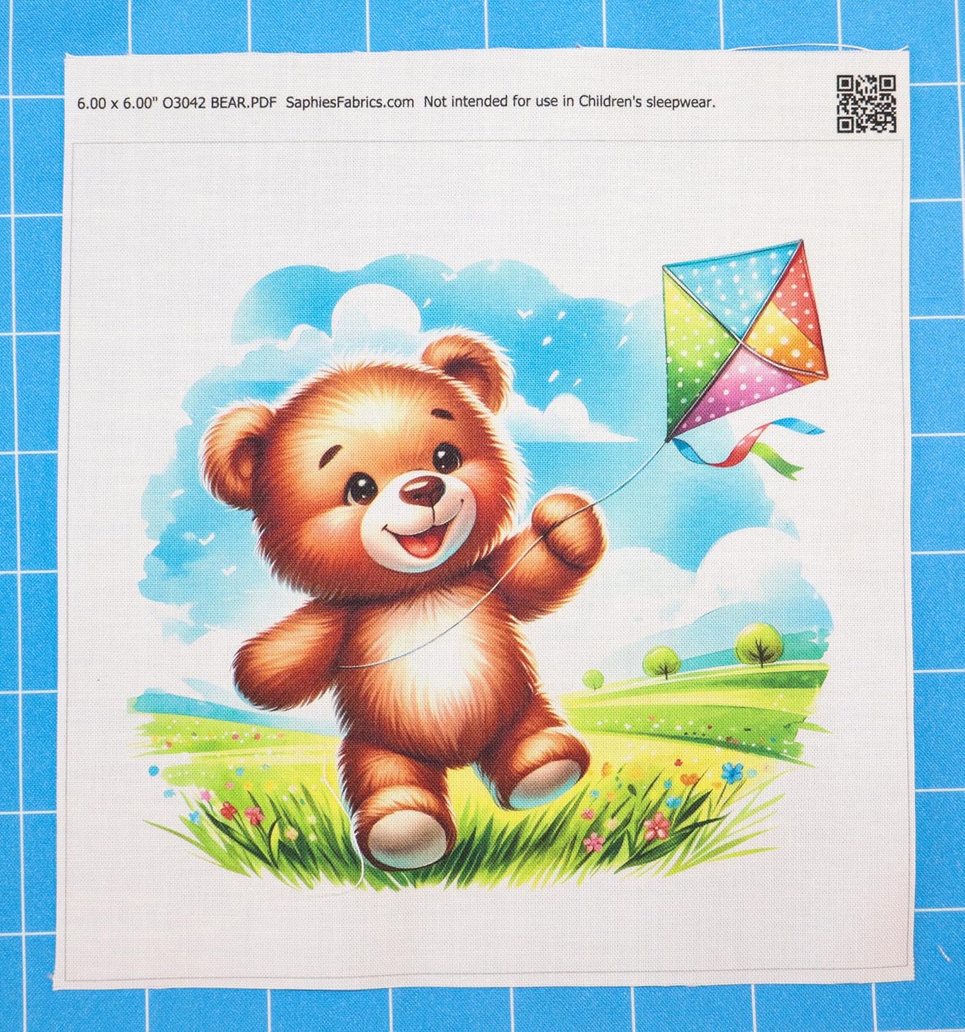 Fabric Panel 8"x8" Teddy Bear 100% Cotton Quilt Square Block O3042