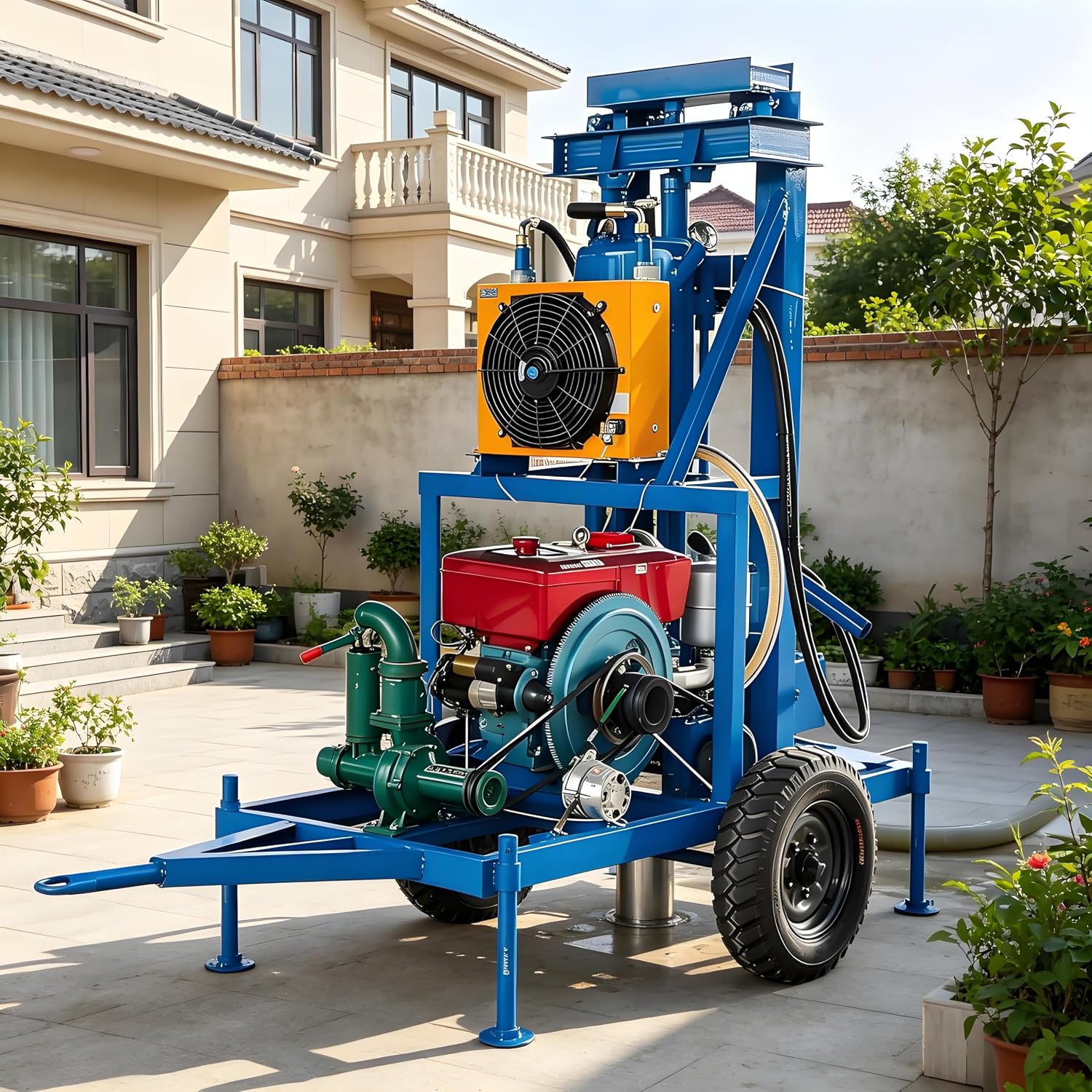 Hydraulic Portable Wheeled Water Well Drilling Rig Machine, Compact Easy-Setup Borehole Drill Equipment for Home Backyard Farm Irrigation Residential Remote Areas & Agricultural Water Supply