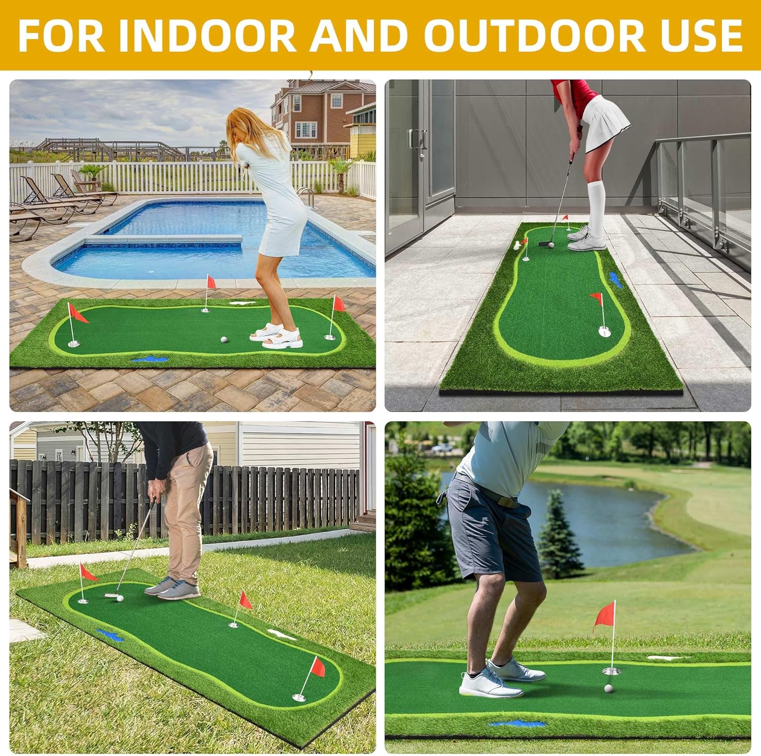 Golf Putting Green, Professional Grade Large Realistic Training Aids with Sand Pit and Water Hazard for Indoor Outdoor, 3 Flags 3 Metal Cups