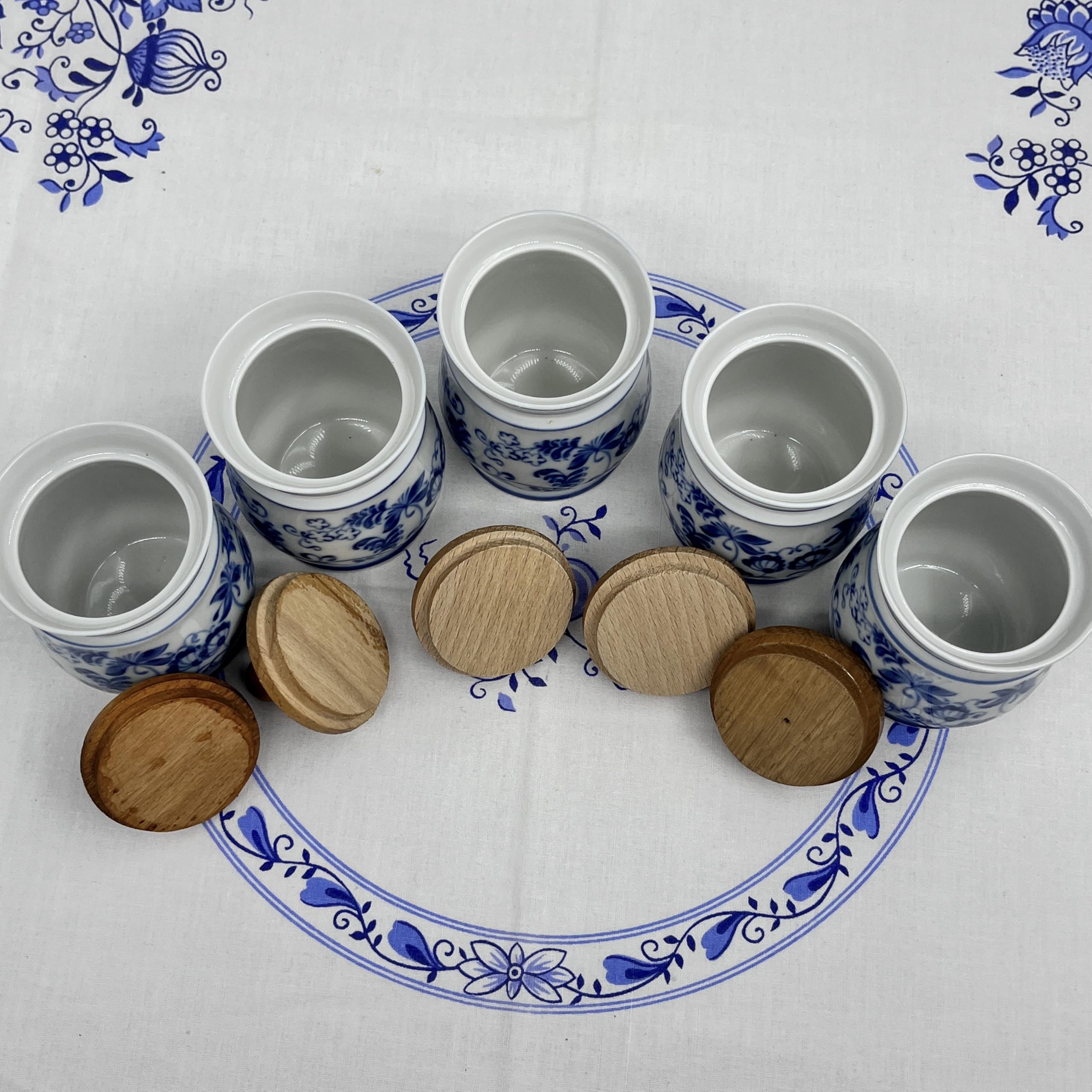 Generisch Antikes Porzellan Gewürzdosen Set 5-teilig Handarbeit Vintage mit Holzdeckel
