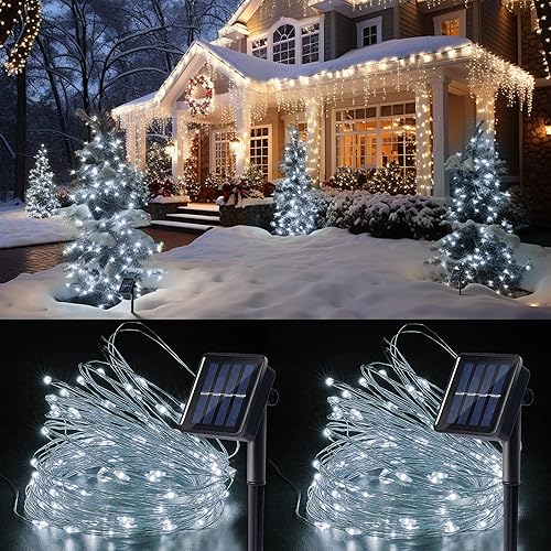 Paquete de 2 tiras de luces solares para decoración al aire libre con 8 modos en total de 80 pies, 200 luces LED impermeables de alambre de cobre,