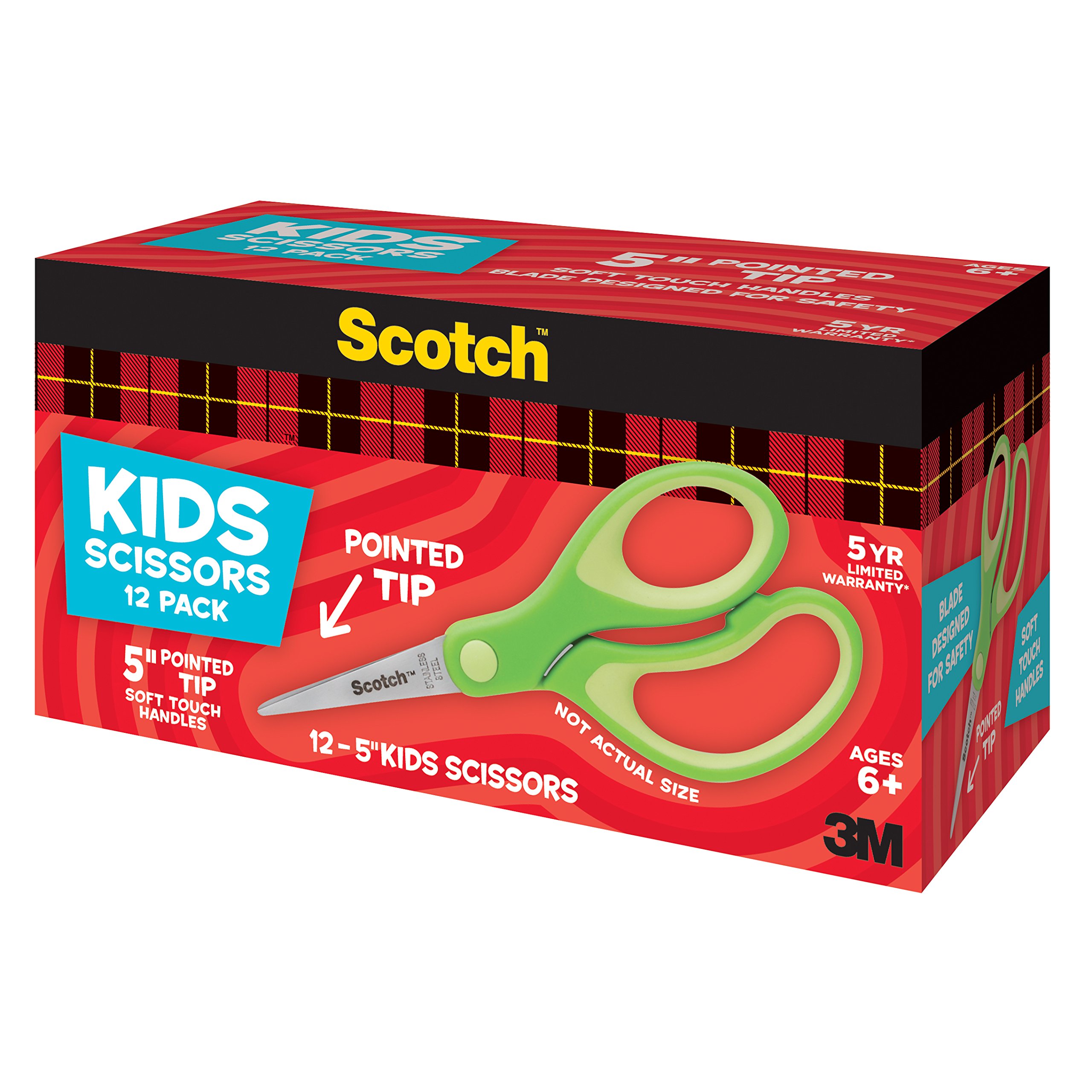 Scotch Lot de 6 paires de ciseaux pointus doux au toucher pour enfant de 12 pièces, vert (1442P-12)