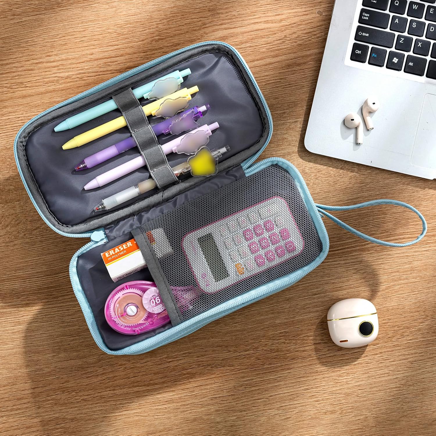 NOL Natural Organic Lifestyle Large Capacity Pencil Case Zipper Pencil Purse 3 Compartment Pencil Pouch Office Stationery Organizer Multi-functional Pencil Bag for School Girl Boy Adults - Light blue