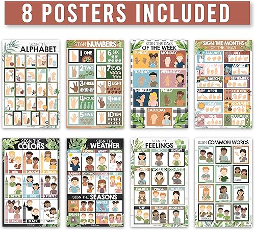 Miniatura 2 de Carteles de lenguaje de señas para decoración de aula, 8 carteles ASL para el aula, tabla de lenguaje de señas estadounidense para niños, póster del