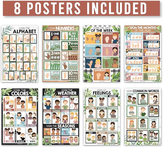 Hadley Designs Sign Language Posters For Classroom Decor - 8 ASL Posters For Classroom Must Haves, American Sign Language Chart For Kids, ASL Alphabet Poster For Toddlers Common Words, ABC Wall Chart