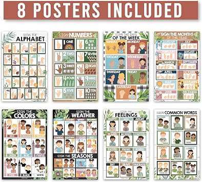 Hadley Designs Sign Language Posters For Classroom Decor - 8 ASL Posters For Classroom Must Haves, American Sign Language Chart For Kids, ASL Alphabet Poster For Toddlers Common Words, ABC Wall Chart