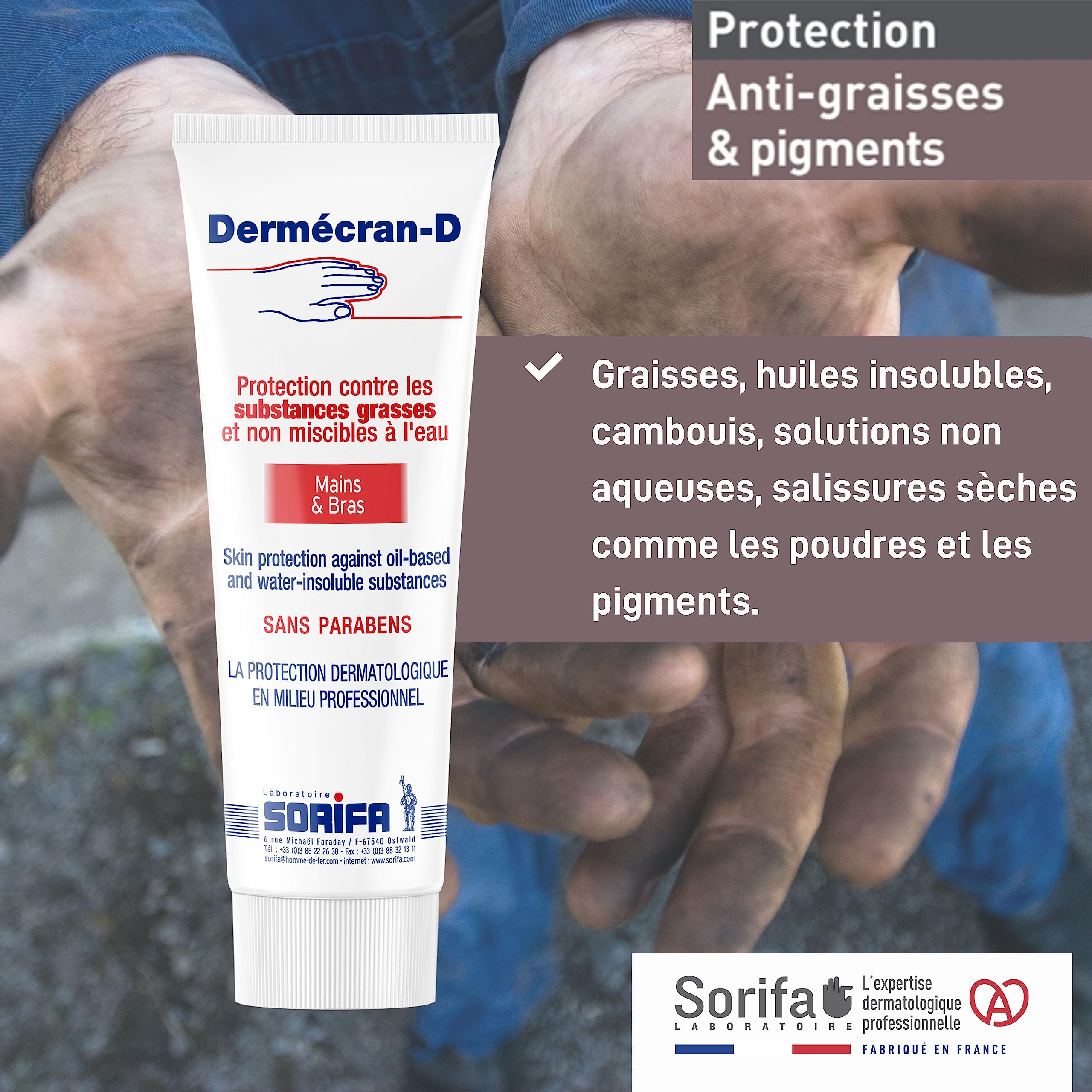 Lot de 3 – Dermécran – Pâte de protection ANTI-GRAISSES – CAMBOUIS – POUDRES – PIGMENTS – Mains et bras – Haute tolérance - Tube 125 ml.