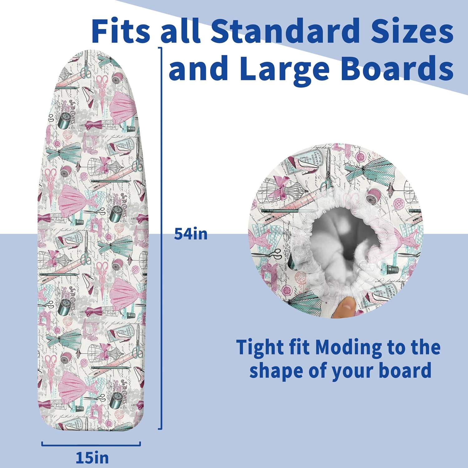 Ironing Board Cover and Pad,Thick Scorch Resistant Padding Pink Sewing Print Iron Boards Covers,Standard Size Easy-Fastening Magic Tape & Elastic Edges for Secure Fit