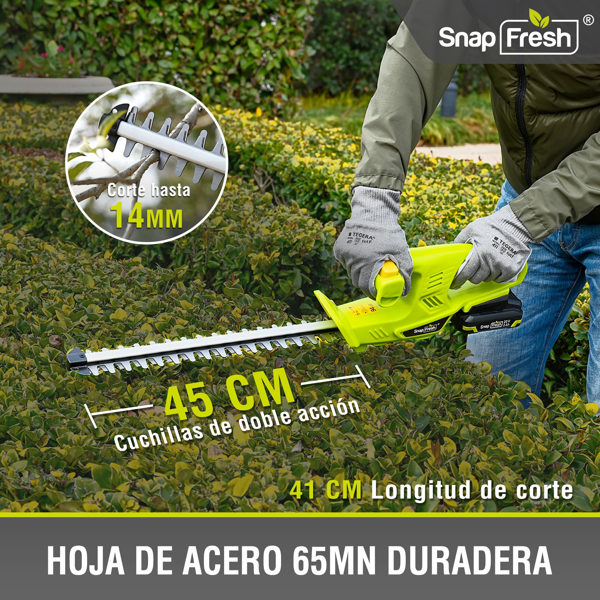 SnapFresh Cortasetos a Batería 20V, Longitud de Corte 45 cm, 2800 SPM, 65Mn, Ligero para Setos y Jardín, Batería 2,0Ah y Cargador Incluidos