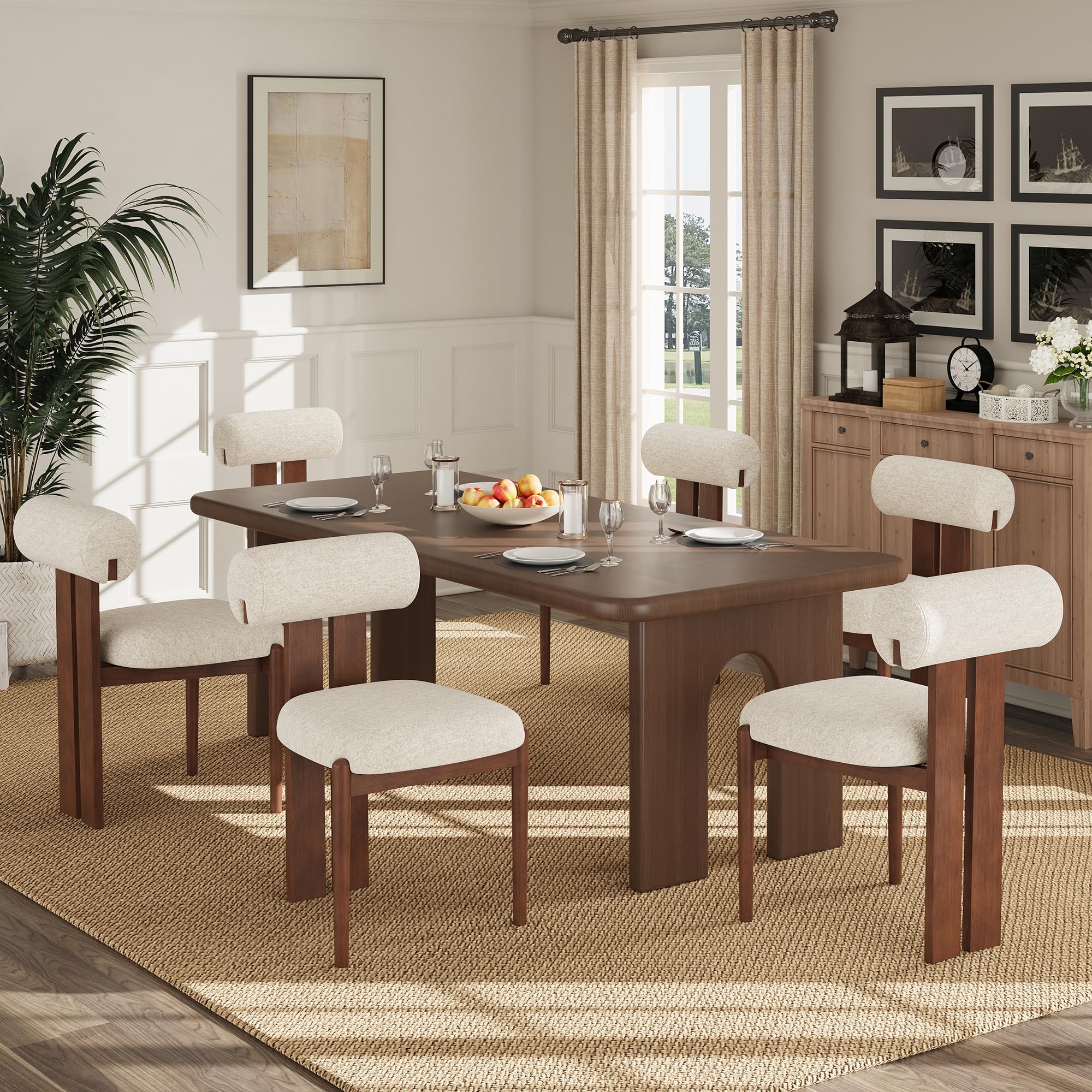 MALOL Esszimmerstühle 6er Set, Mid-Century Modern Polsterstühle aus Stoff mit Stabiler Rückenlehne & dunkelbraunen Holzbeinen, Beige – Geeignet für Esszimmer, Küche und Gastronomie, Beige