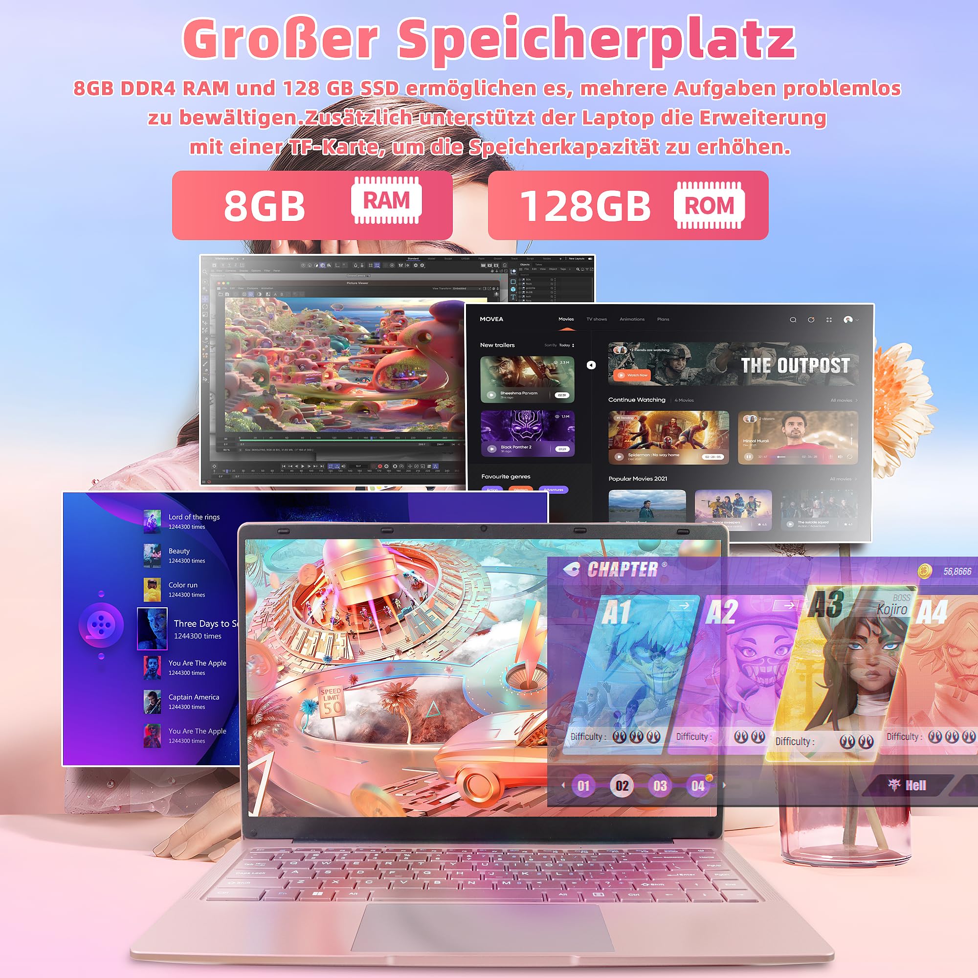 Computer portatile da 14", oro rosa, RAM DDR4, SSD da 128 GB, Quad-Core Celeron J4105 | Processore più veloce di N4000/AMD 3020e, FHD IPS, HDMI, Wi-Fi, Bluetooth, notebook ultra leggero e portatile per studenti