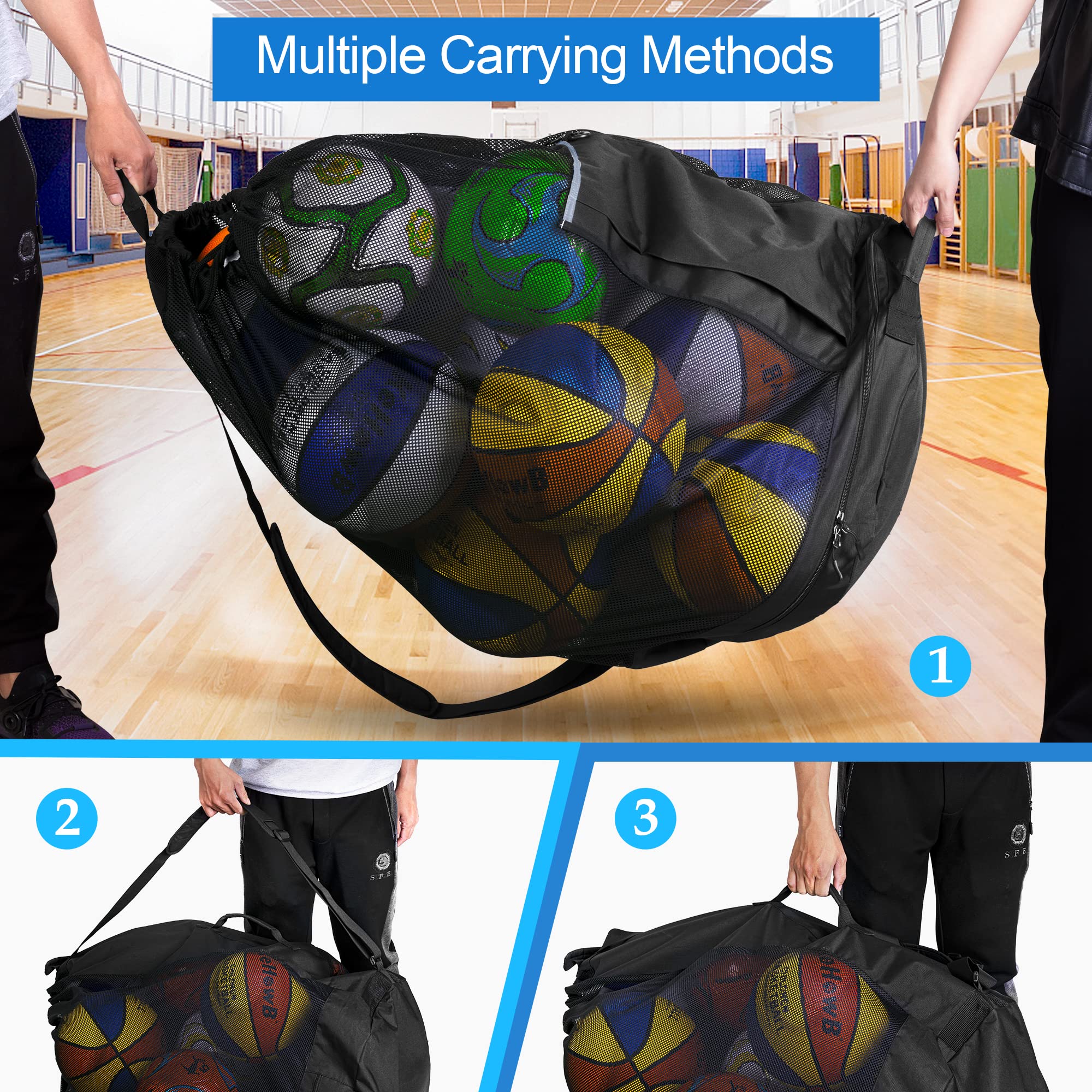 Bolsa de malla extra grande, bolsa de baloncesto y pelota de fútbol con sistema de cordón y correa de hombro ajustable para baloncesto, fútbol, fútbol, voleibol, rugby y deportes de playa, 5